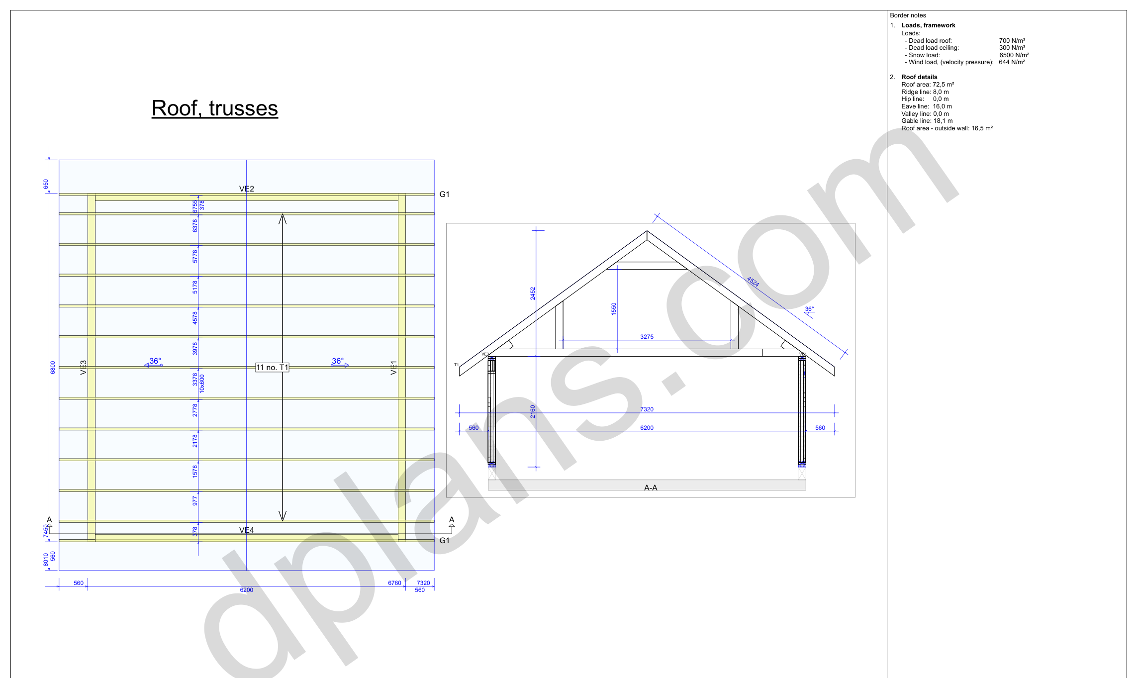 22x20 garage plans, roof truss layout plan and cross section with wall and ridge heights (metric, mm)