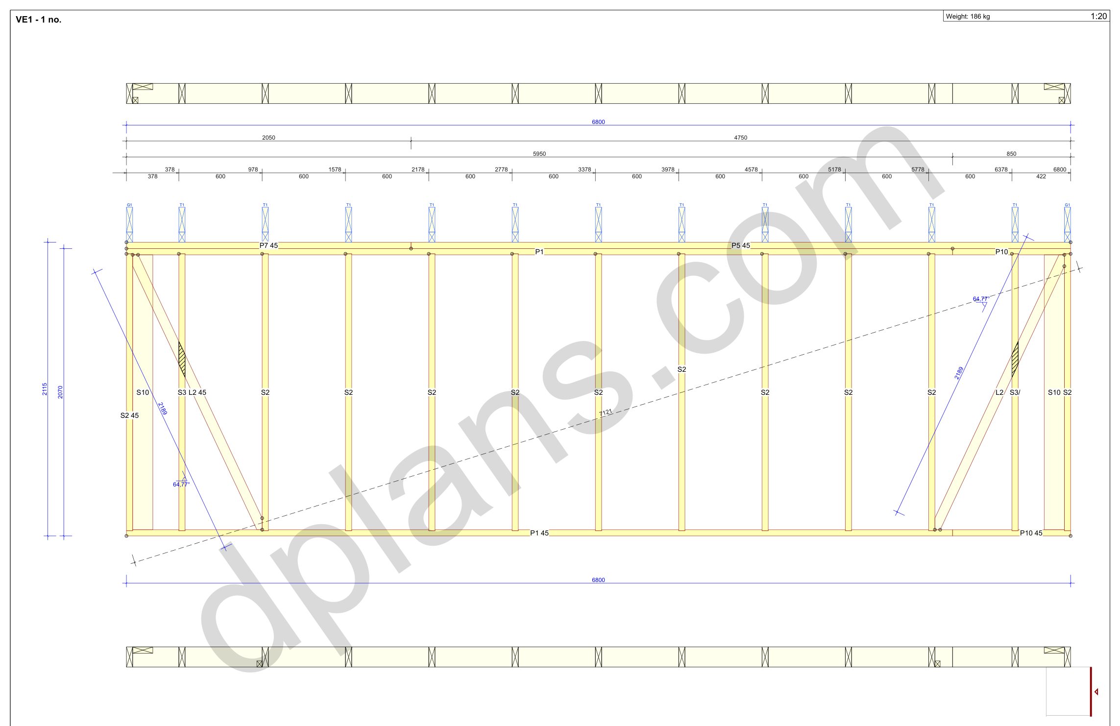 22x20 garage plans, wall panel framing elevation with stud spacing and the cut list (metric, mm)