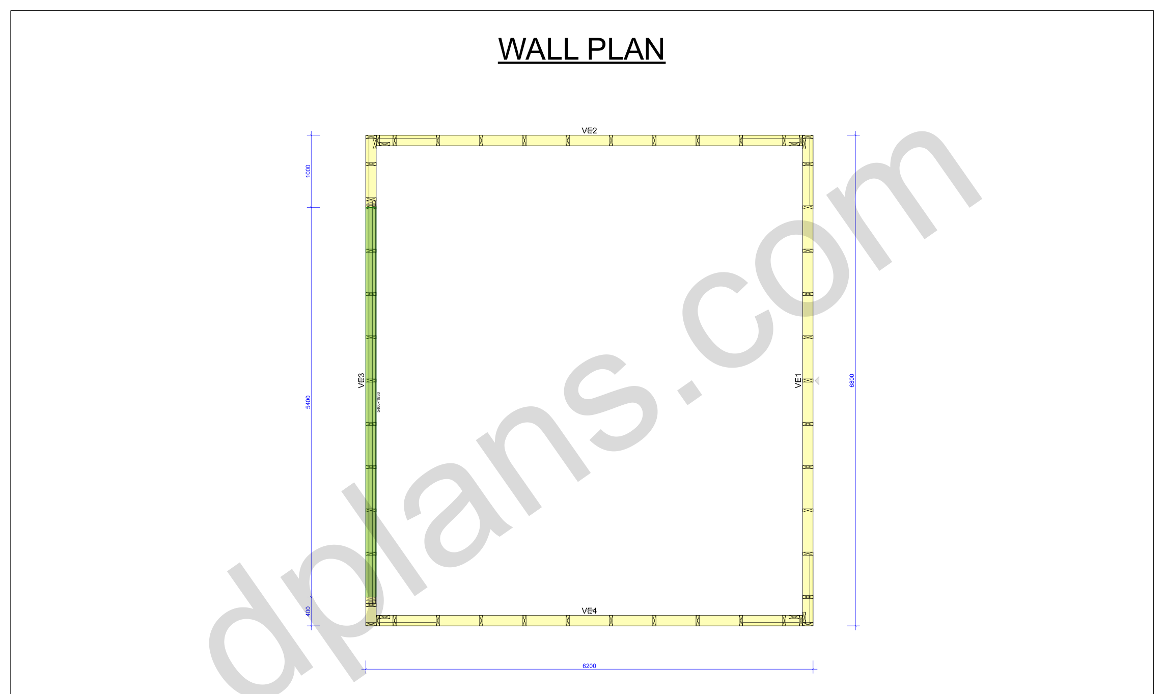 22x20 garage plans, wall layout plan with the four wall panels and the door opening (metric, mm)
