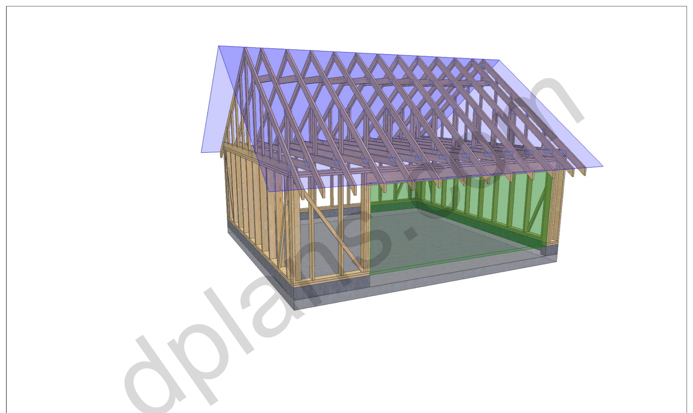 22x20 garage plans, 3D view of the timber frame with the garage door opening and roof trusses