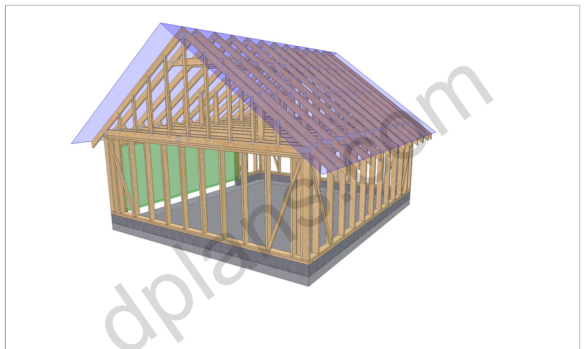 22x20 garage plans, 3D framing view of the stud walls, bracing and roof trusses over the slab