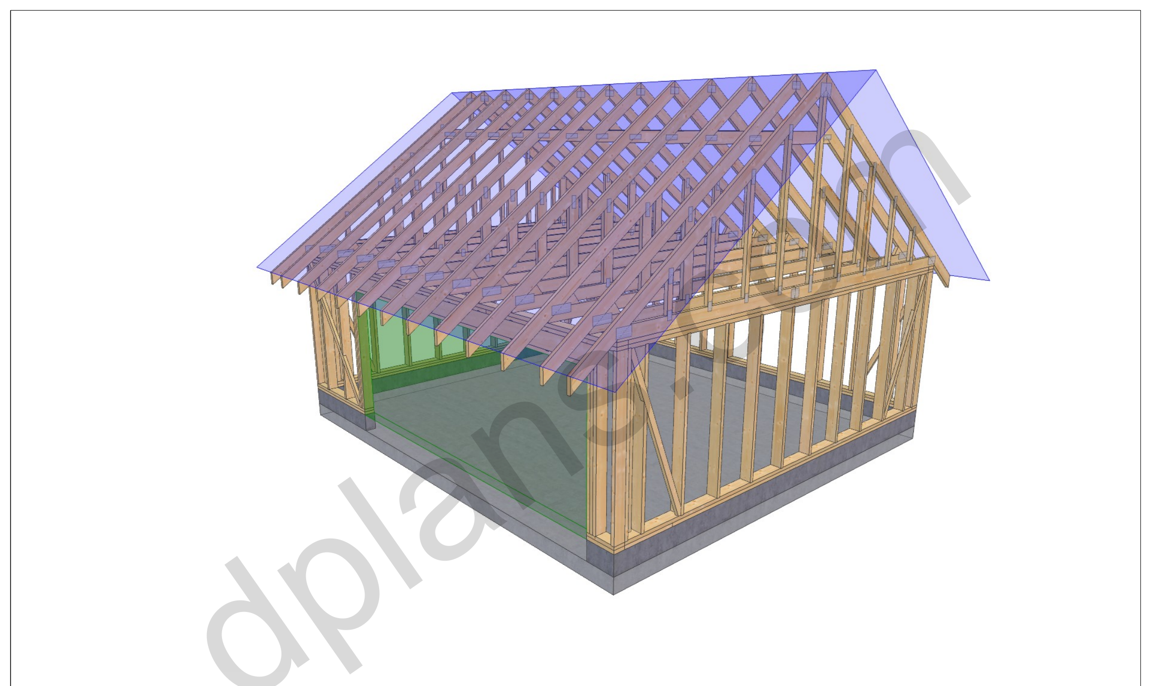 22x20 garage plans, 3D model of the timber frame garage with roof trusses on a concrete slab