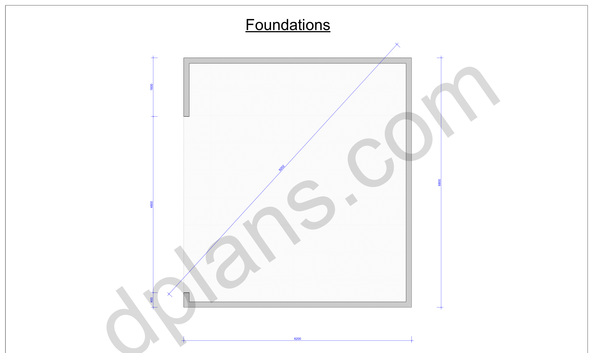 22x20 garage plans, foundation plan with the concrete slab outline and diagonal check (metric, mm)