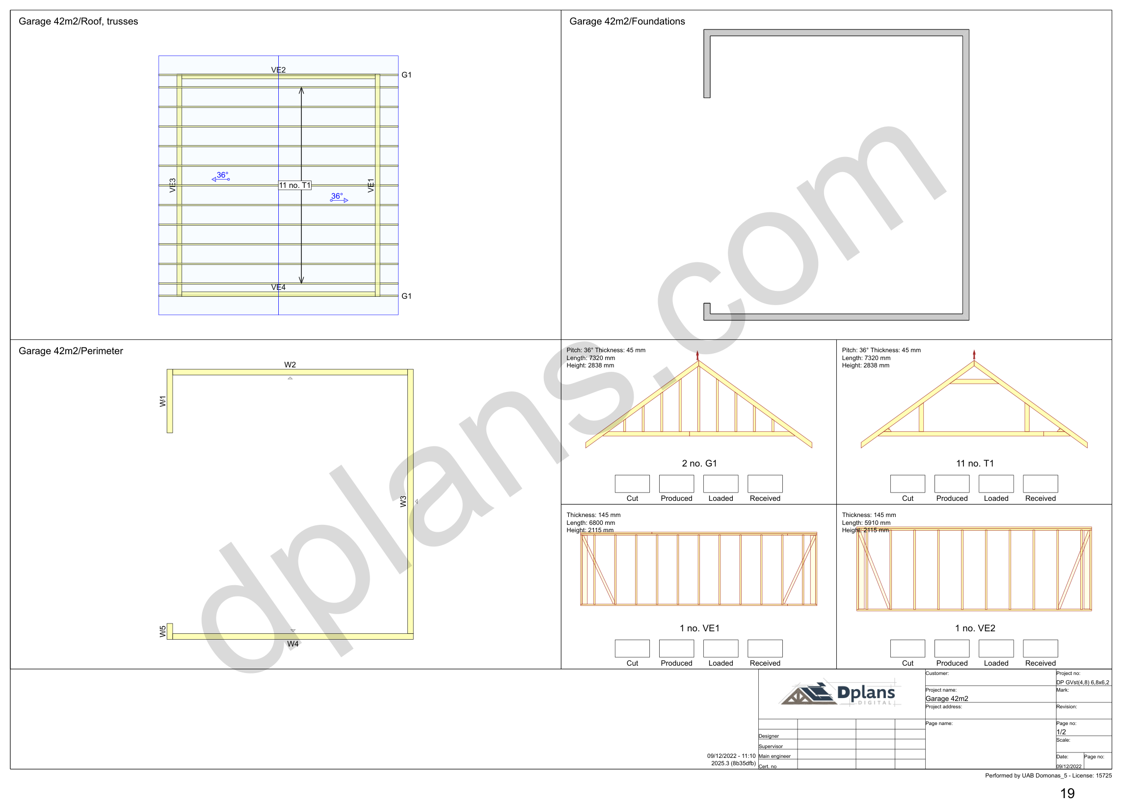 22x20 garage plans, overview sheet with the truss plan, foundation, perimeter and wall panels (metric, mm)
