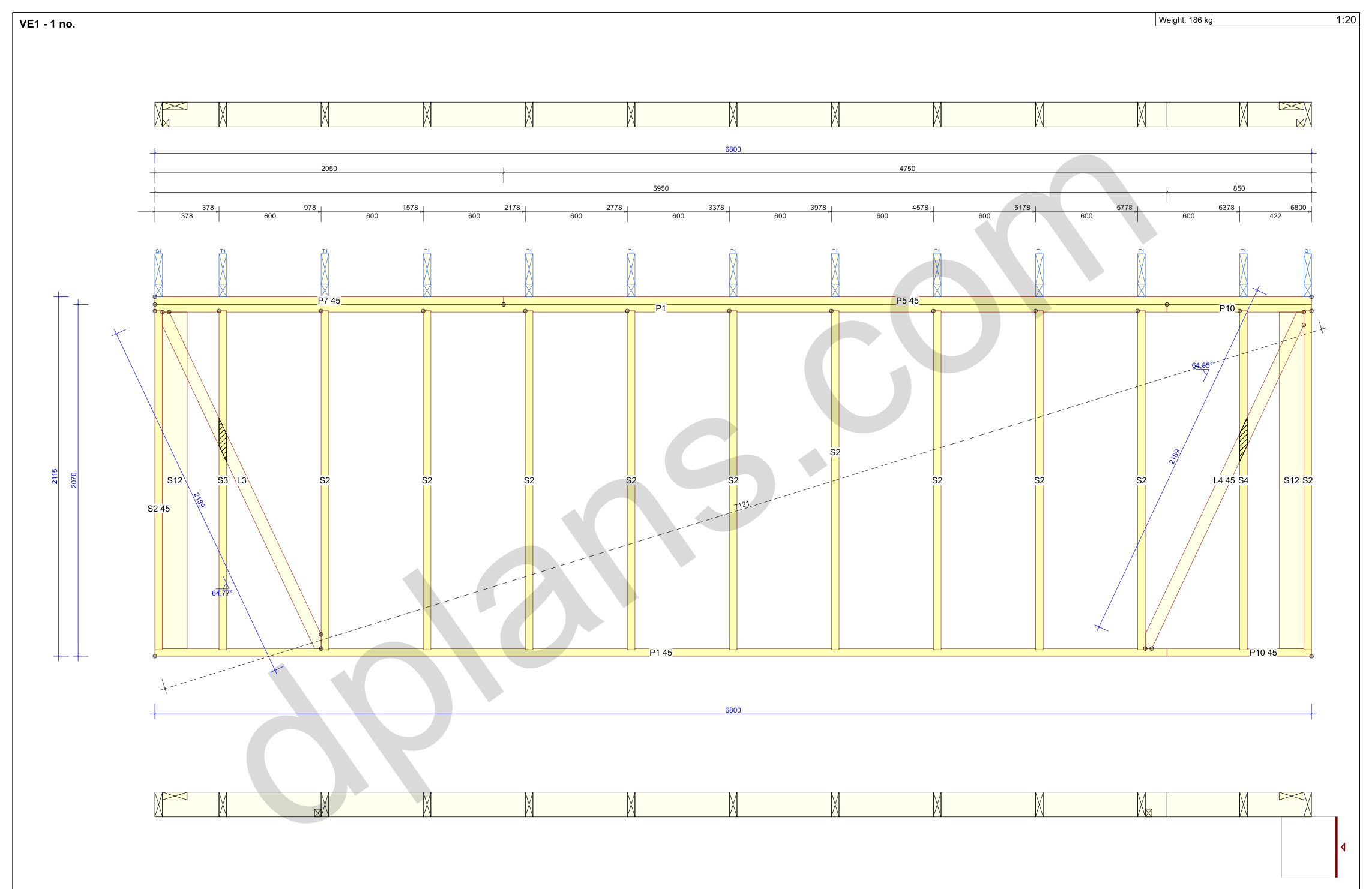 22x20 garage plans, wall panel framing elevation with stud spacing and the cut list (metric, mm)