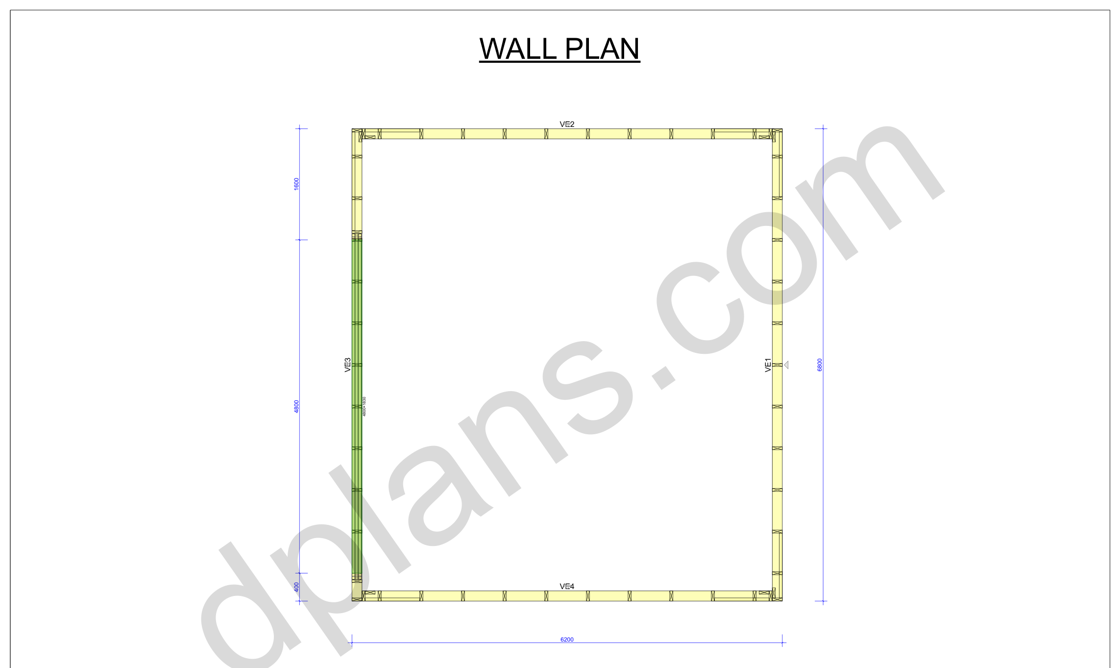 22x20 garage plans, wall layout plan with the four wall panels and the door opening (metric, mm)