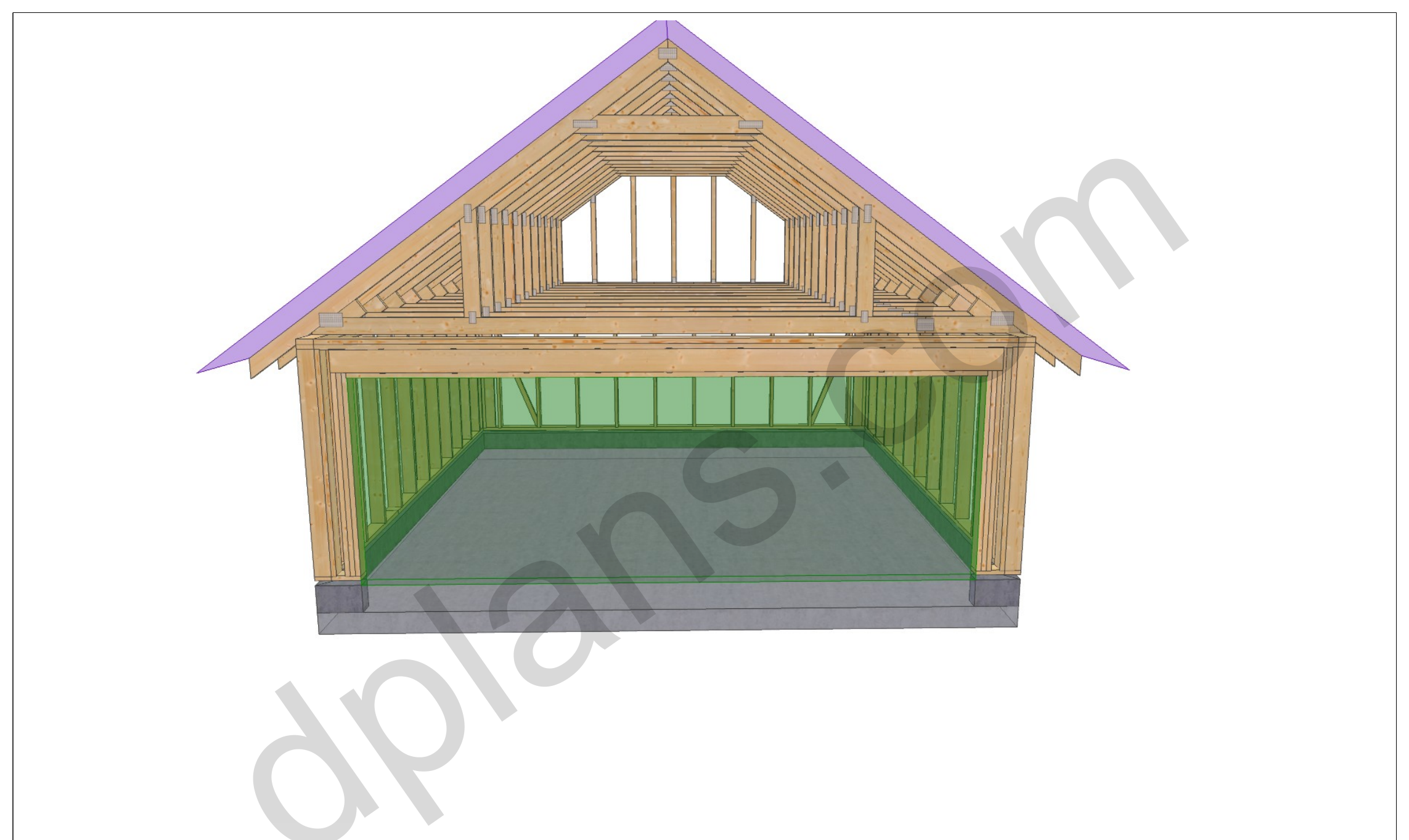 22x20 garage plans, 3D view of the timber frame with the garage door opening and roof trusses
