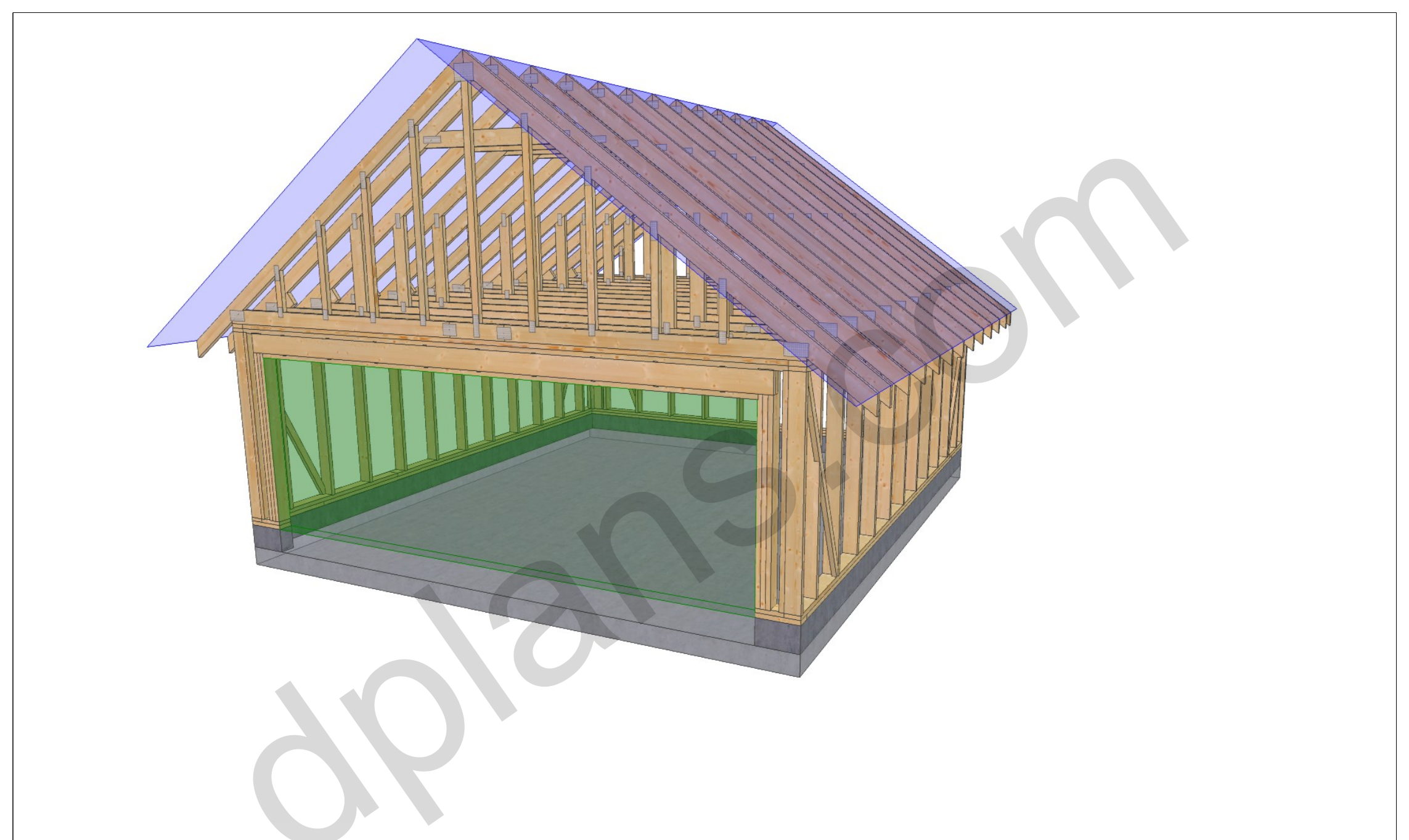 22x20 garage plans, 3D framing view of the stud walls, bracing and roof trusses over the slab