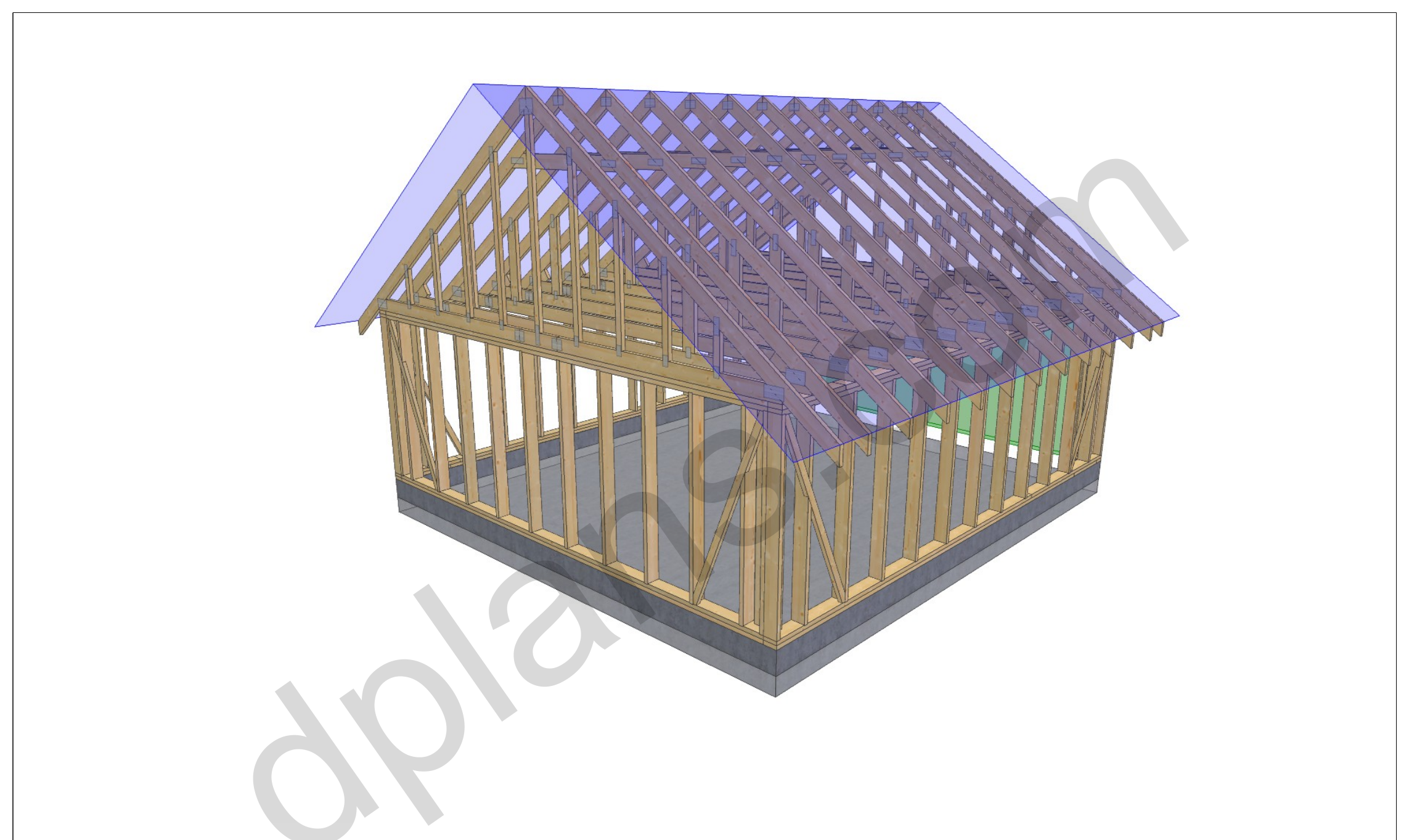 22x20 garage plans, 3D model of the timber frame garage with roof trusses on a concrete slab