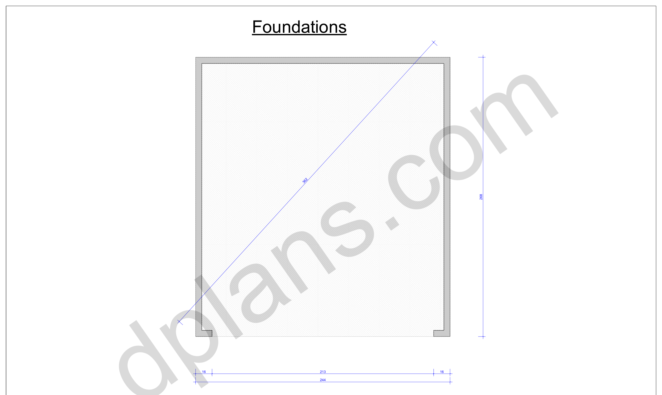 22x20 garage plans, foundation plan with the concrete slab outline and diagonal check (imperial, inches)