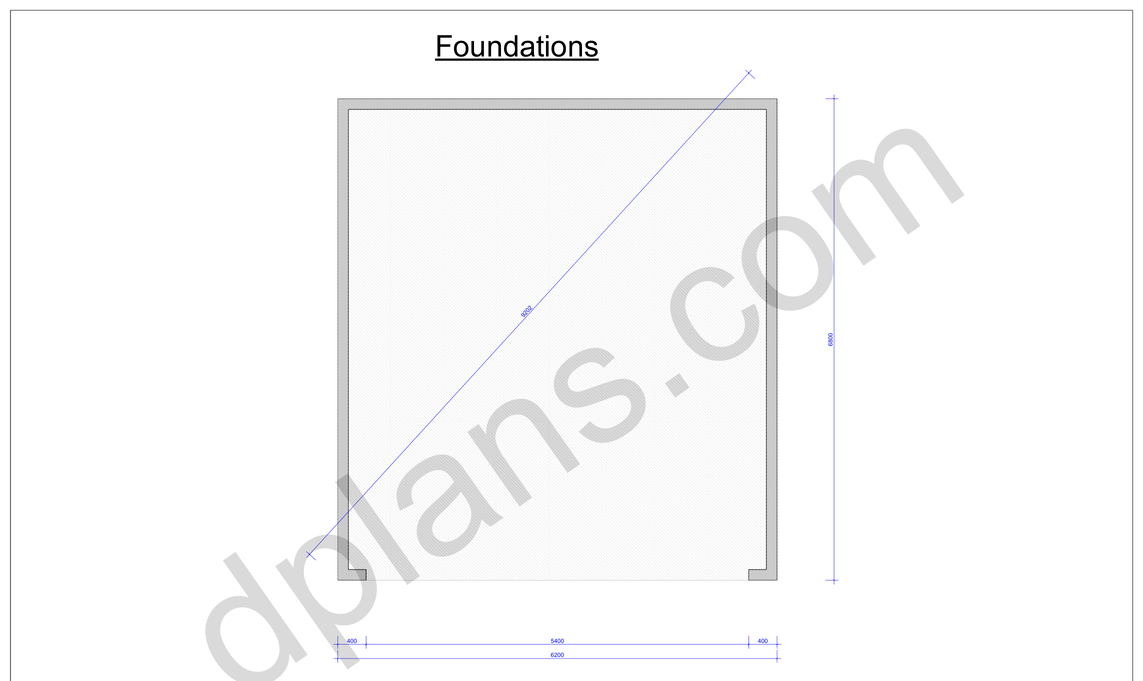 22x20 garage plans, foundation plan with the concrete slab outline and diagonal check (metric, mm)