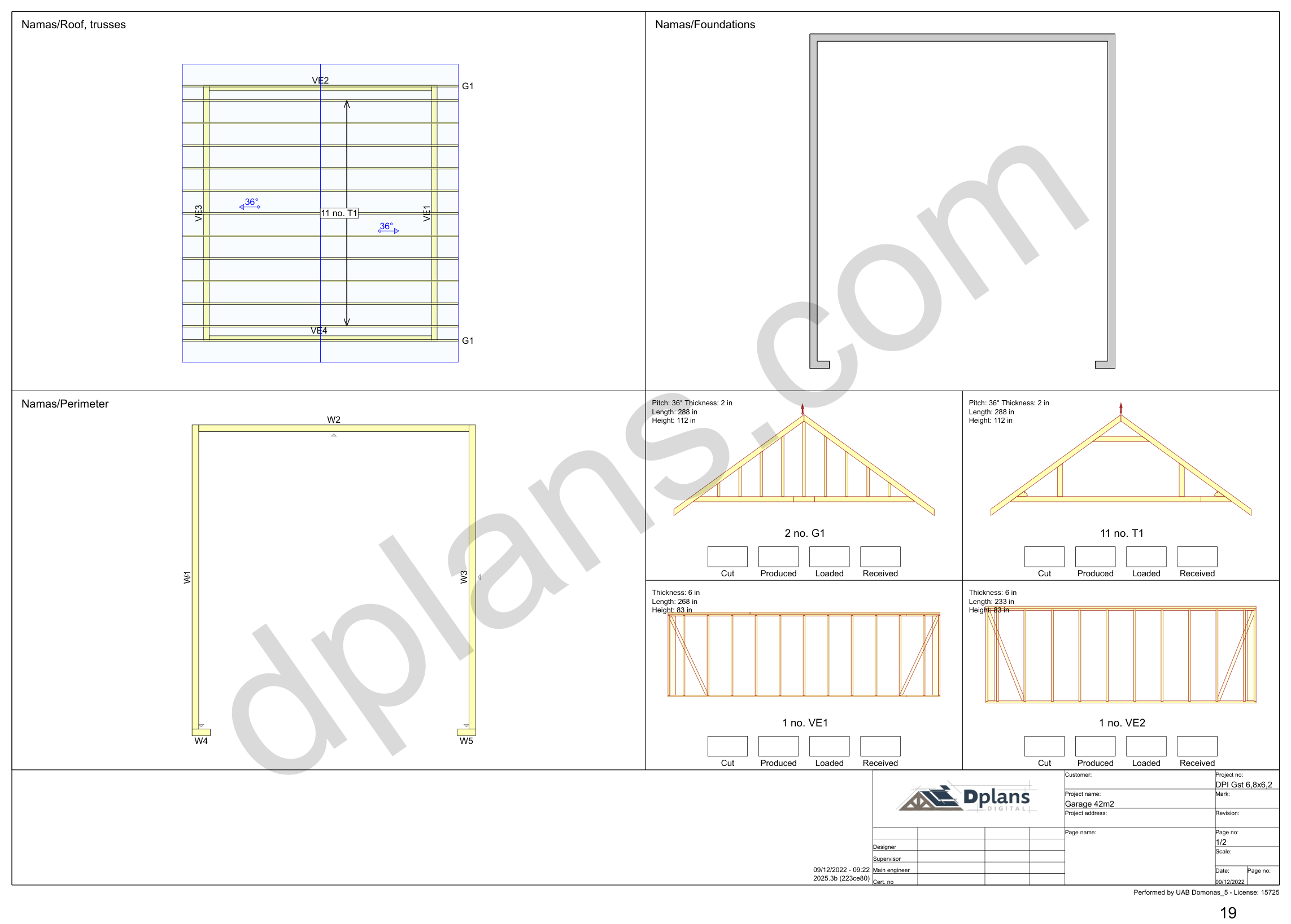 22x20 garage plans, overview sheet with the truss plan, foundation, perimeter and wall panels (imperial, inches)