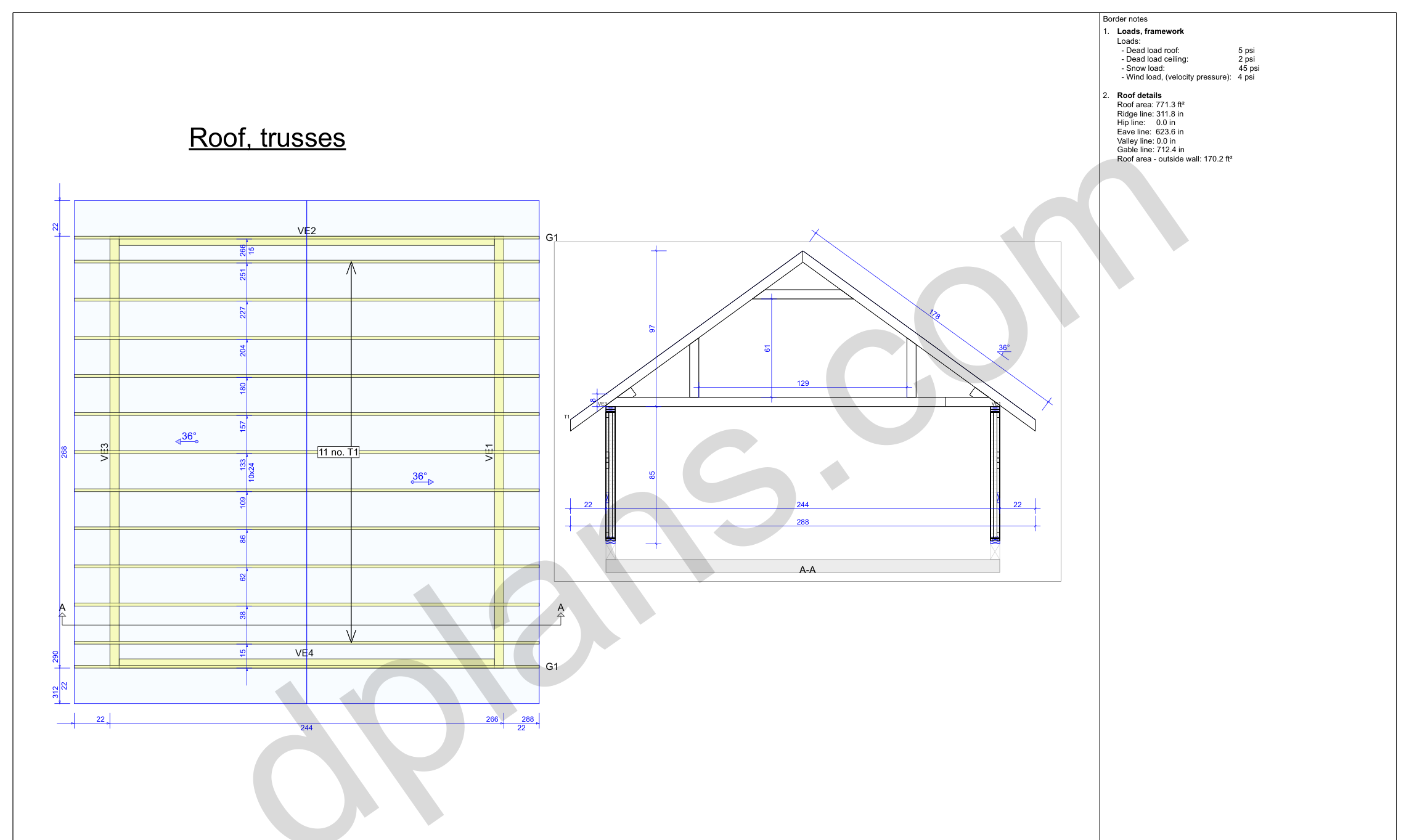 22x20 garage plans, roof truss layout plan and cross section with wall and ridge heights (imperial, inches)
