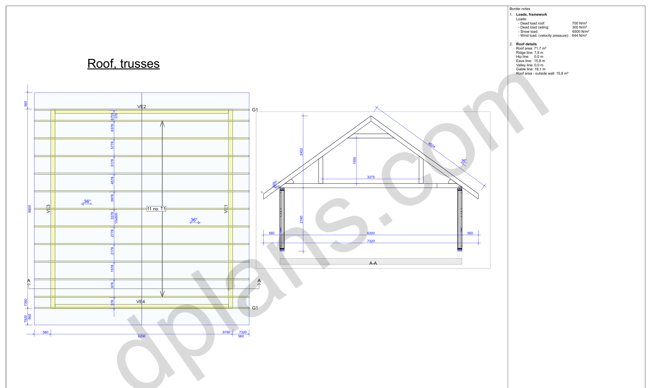 22x20 garage plans, roof truss layout plan and cross section with wall and ridge heights (metric, mm)