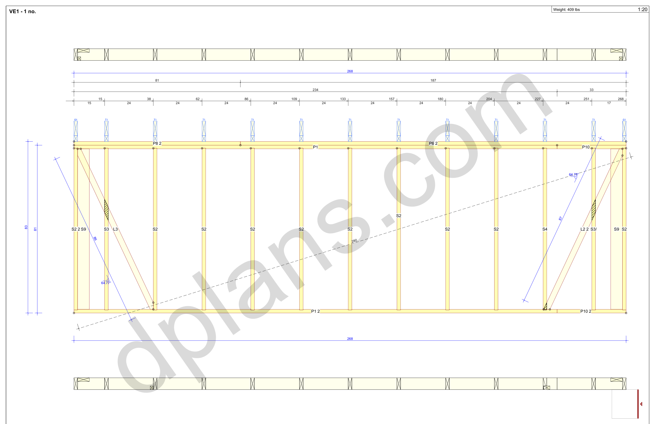 22x20 garage plans, wall panel framing elevation with stud spacing and the cut list (imperial, inches)