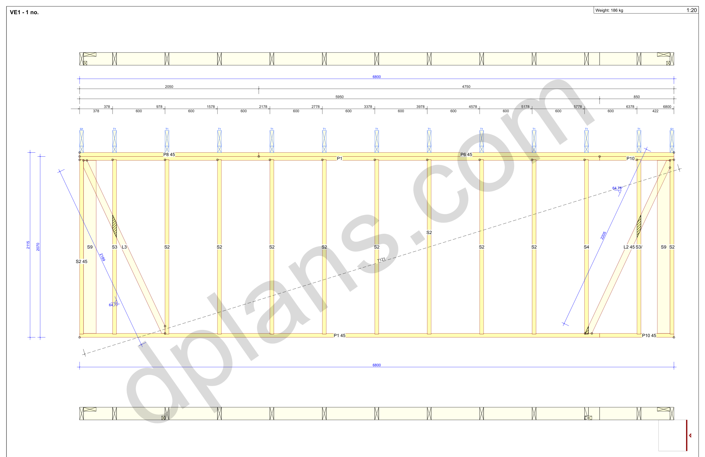 22x20 garage plans, wall panel framing elevation with stud spacing and the cut list (metric, mm)