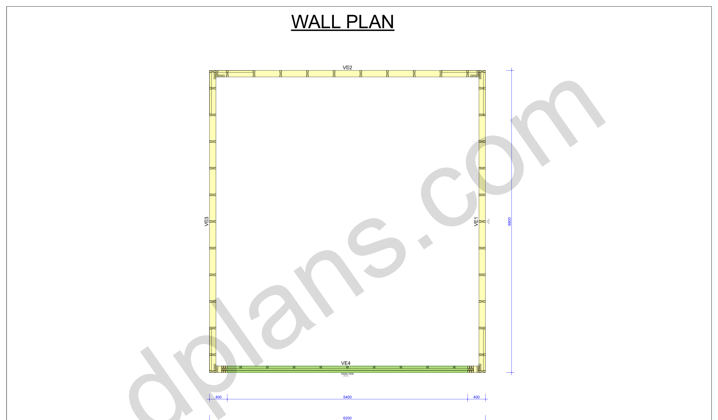 22x20 garage plans, wall layout plan with the four wall panels and the door opening (metric, mm)