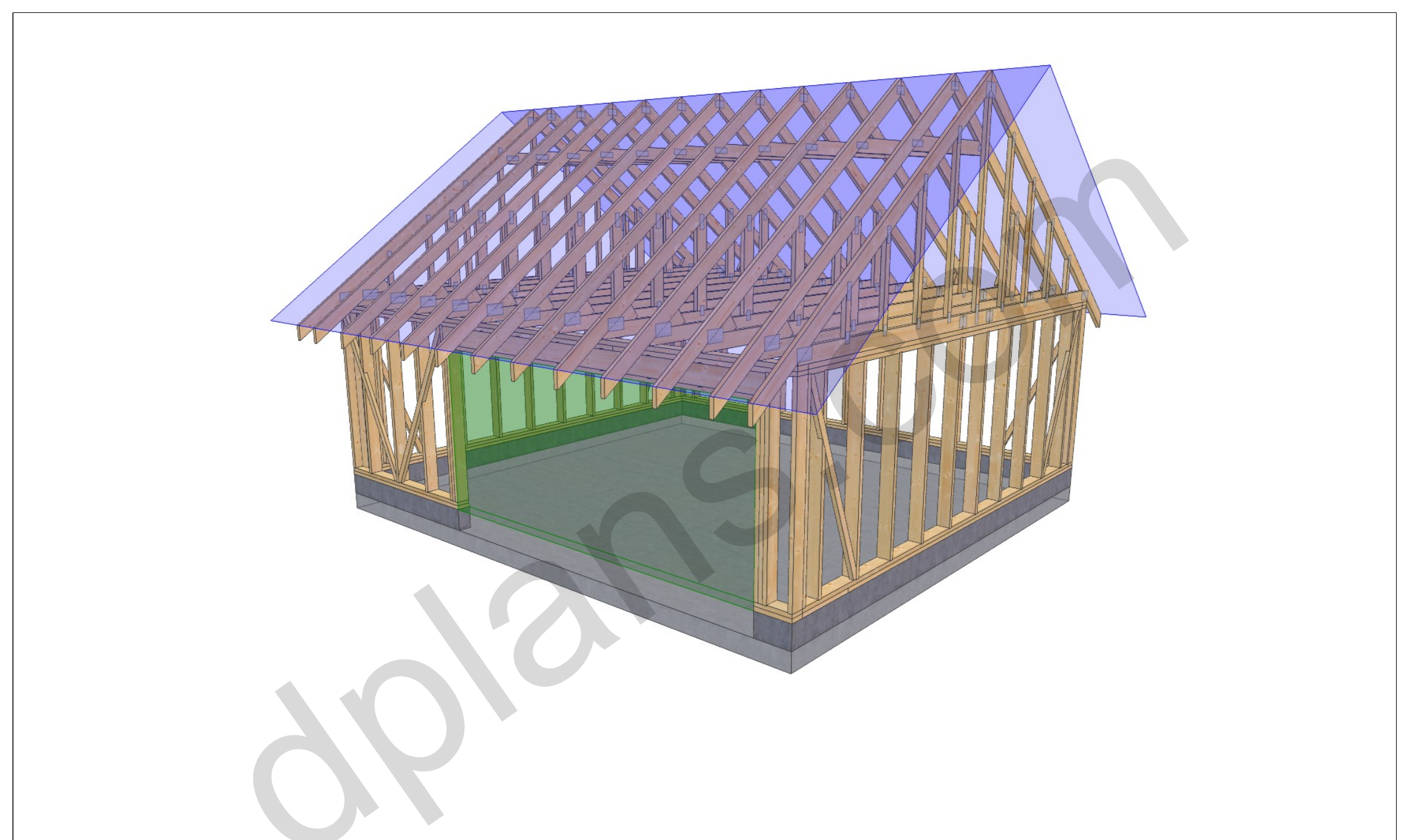 22x20 garage plans, 3D framing view of the stud walls, bracing and roof trusses over the slab