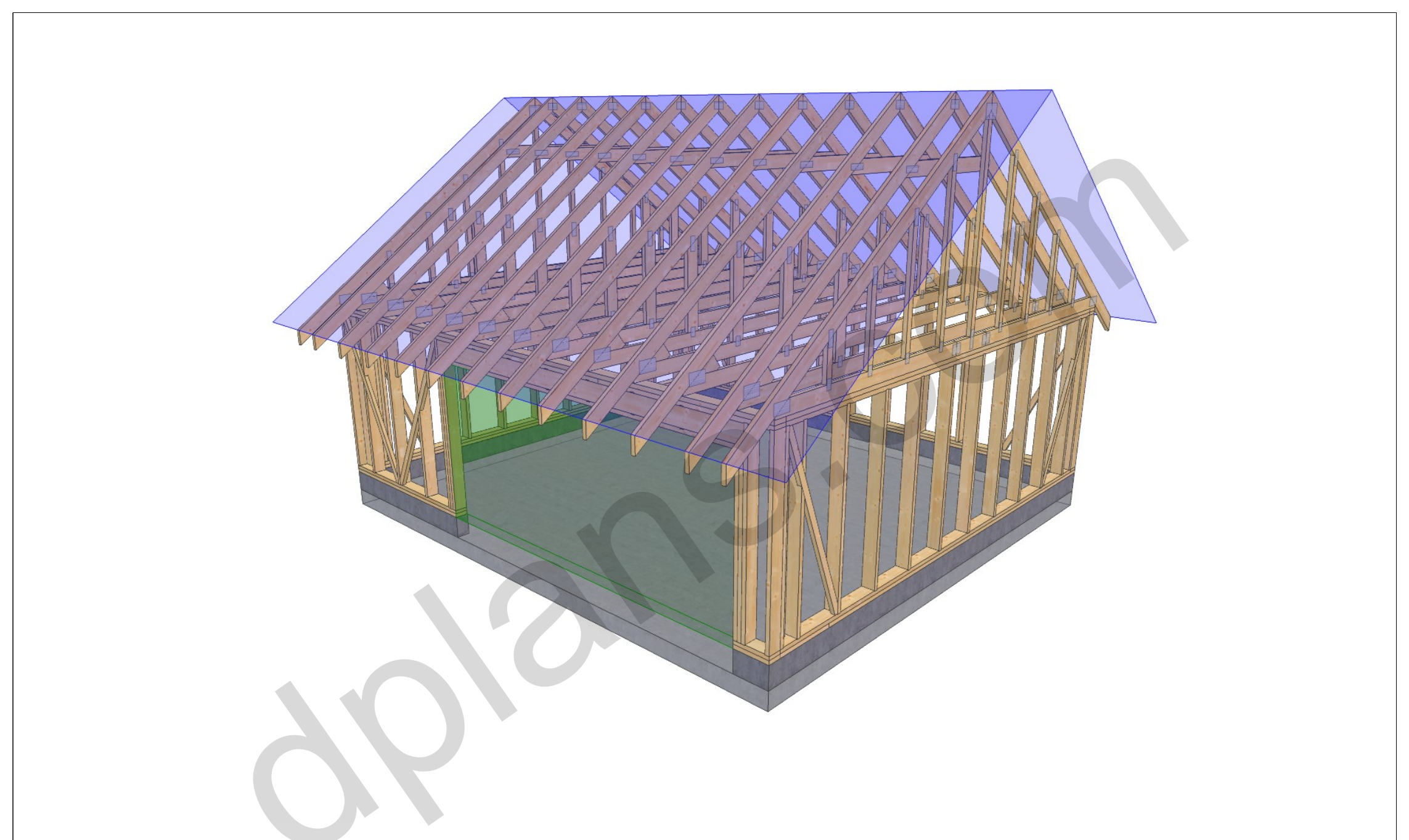 22x20 garage plans, 3D model of the timber frame garage with roof trusses on a concrete slab