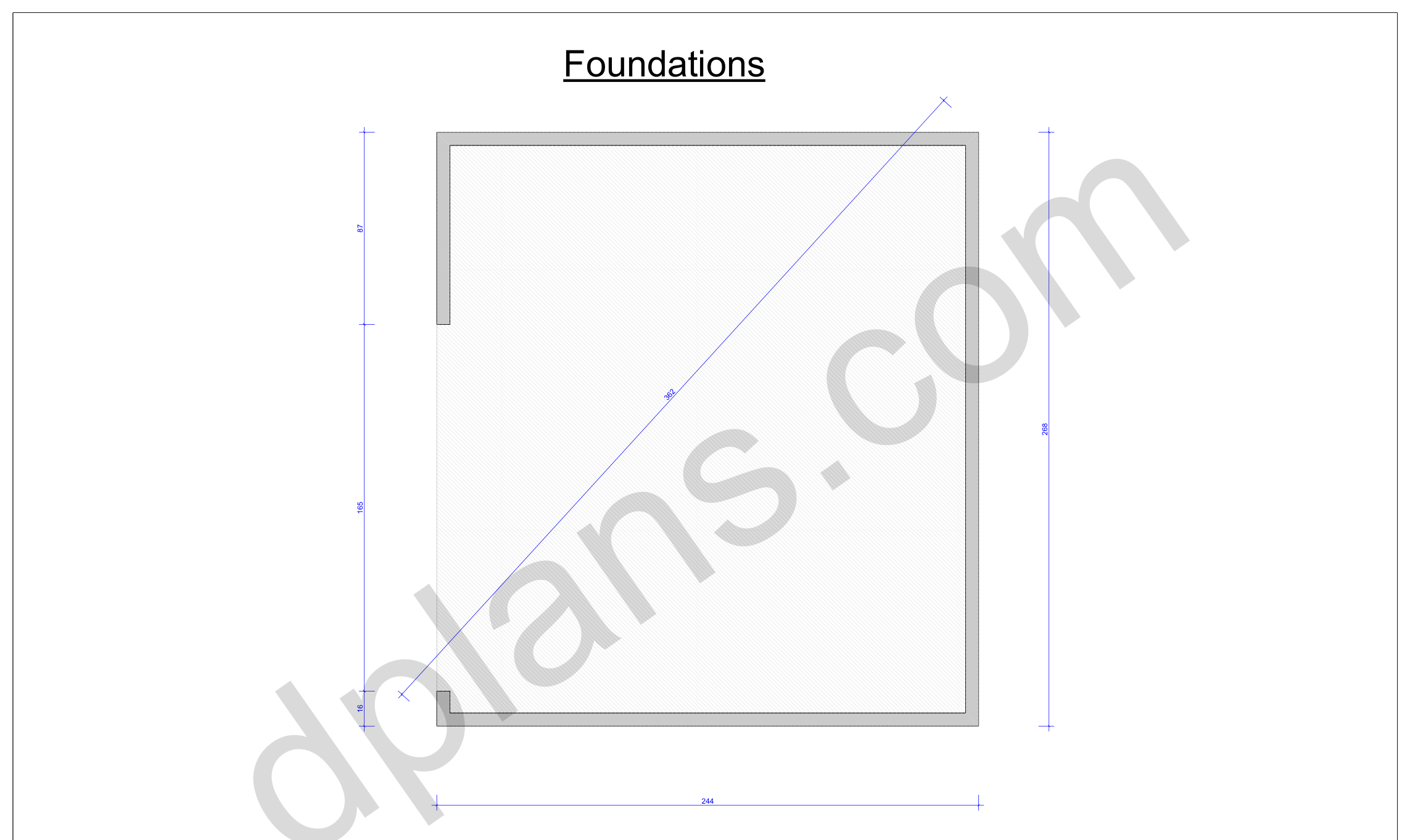 22x20 garage plans, foundation plan with the concrete slab outline and diagonal check (imperial, inches)