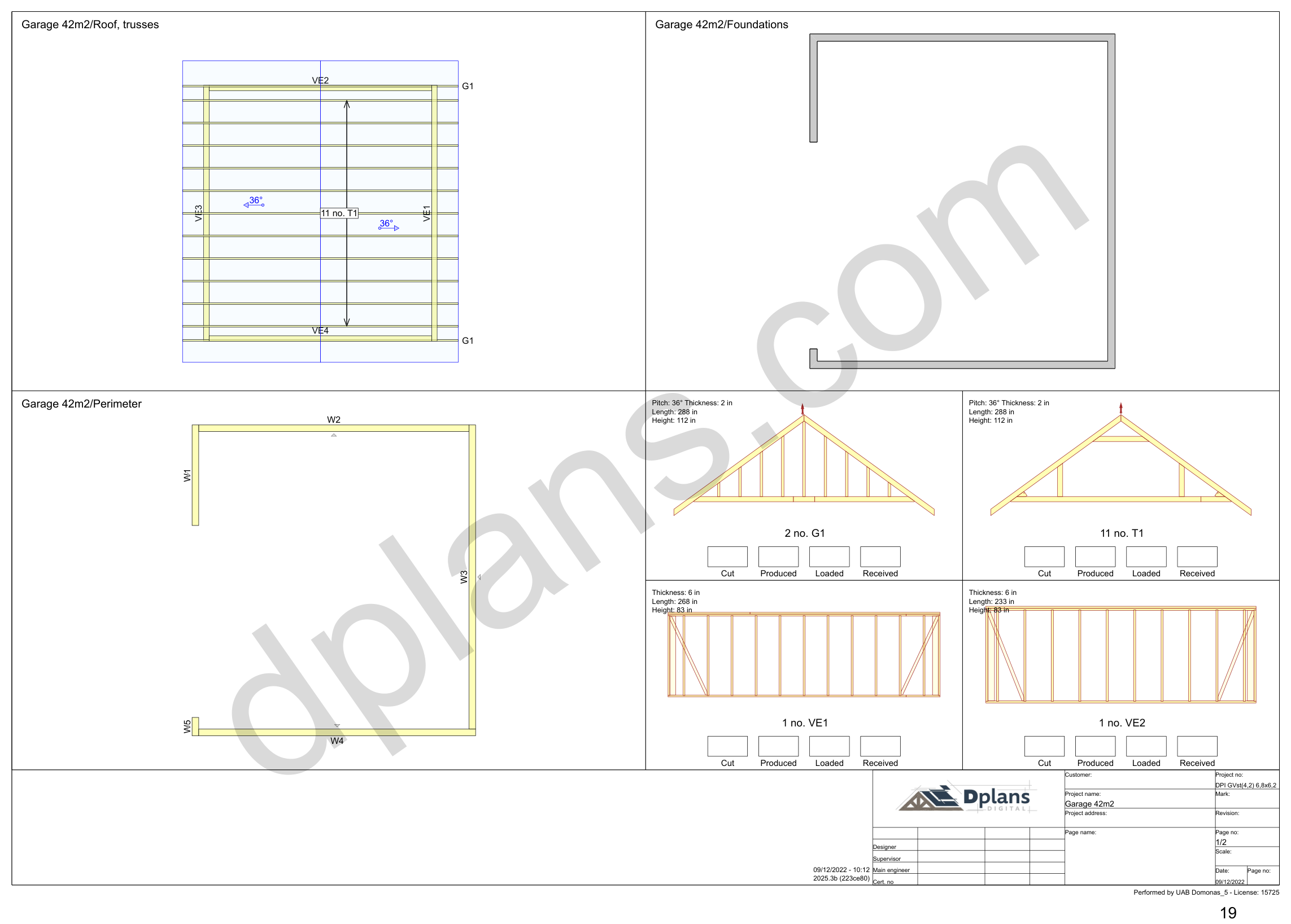 22x20 garage plans, overview sheet with the truss plan, foundation, perimeter and wall panels (imperial, inches)