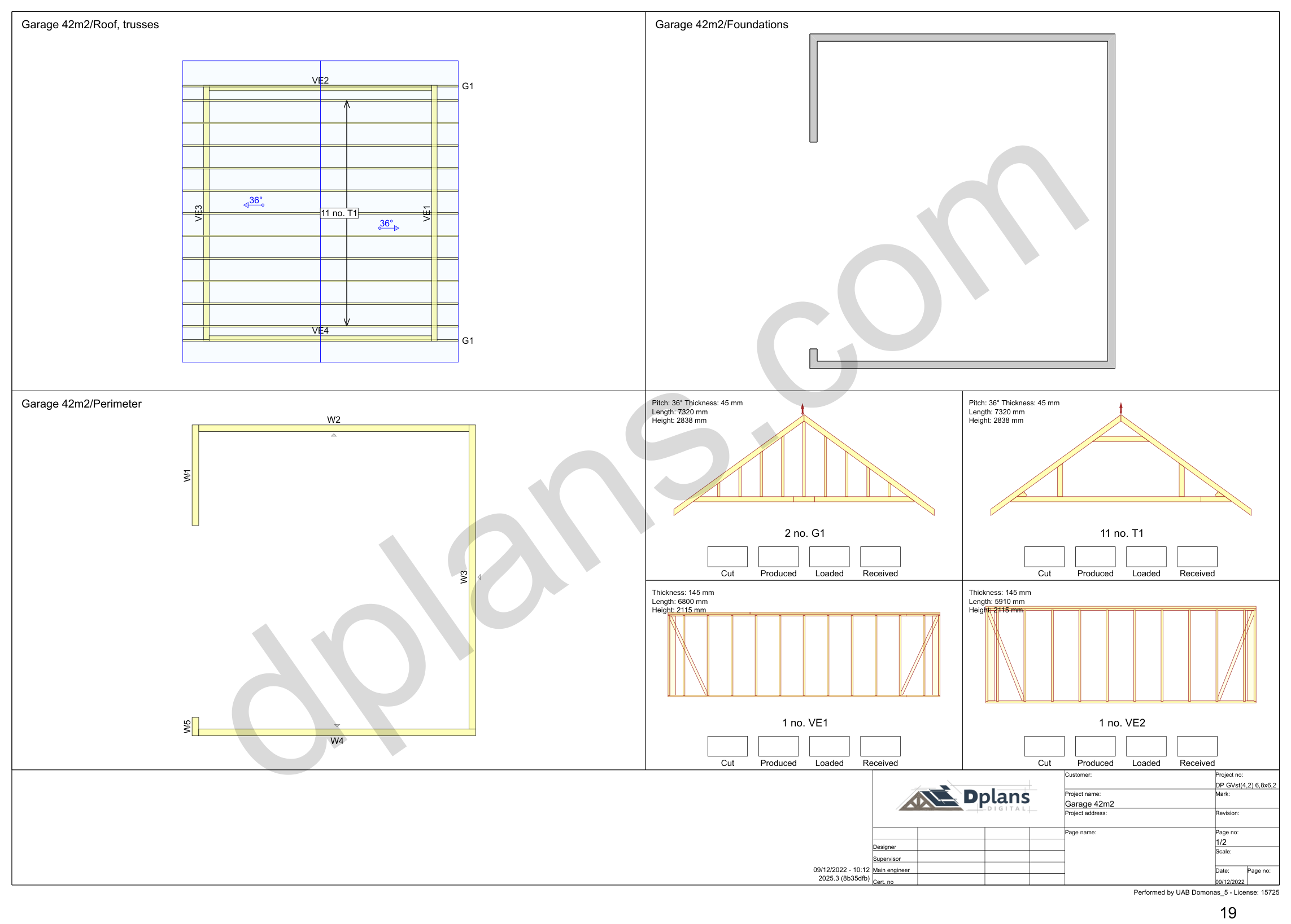 22x20 garage plans, overview sheet with the truss plan, foundation, perimeter and wall panels (metric, mm)