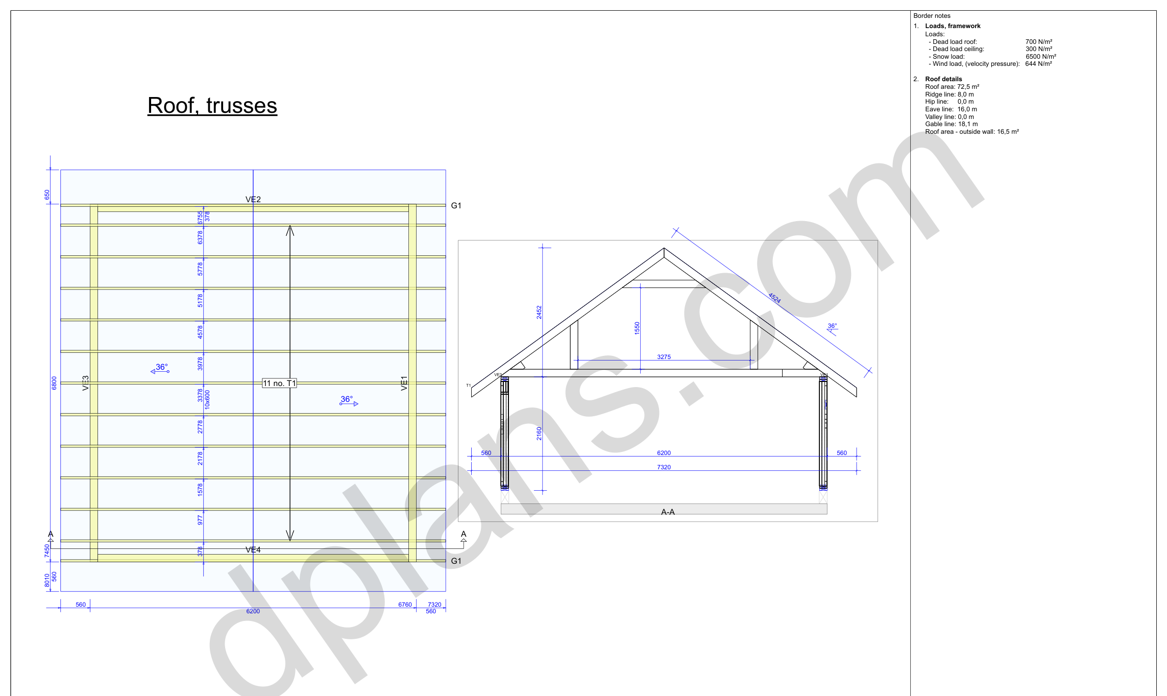 22x20 garage plans, roof truss layout plan and cross section with wall and ridge heights (metric, mm)