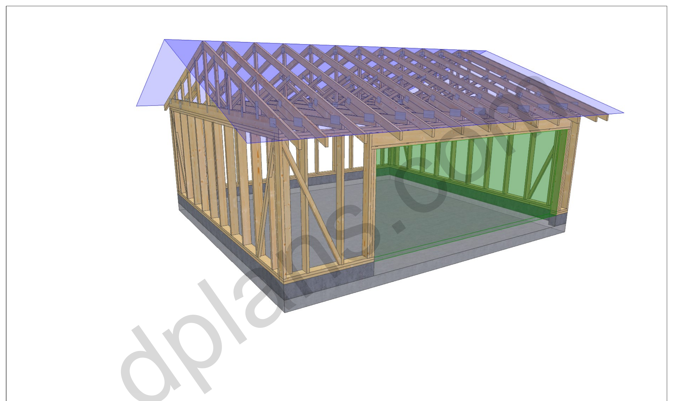 22x20 garage plans, 3D framing view of the stud walls, bracing and roof trusses over the slab