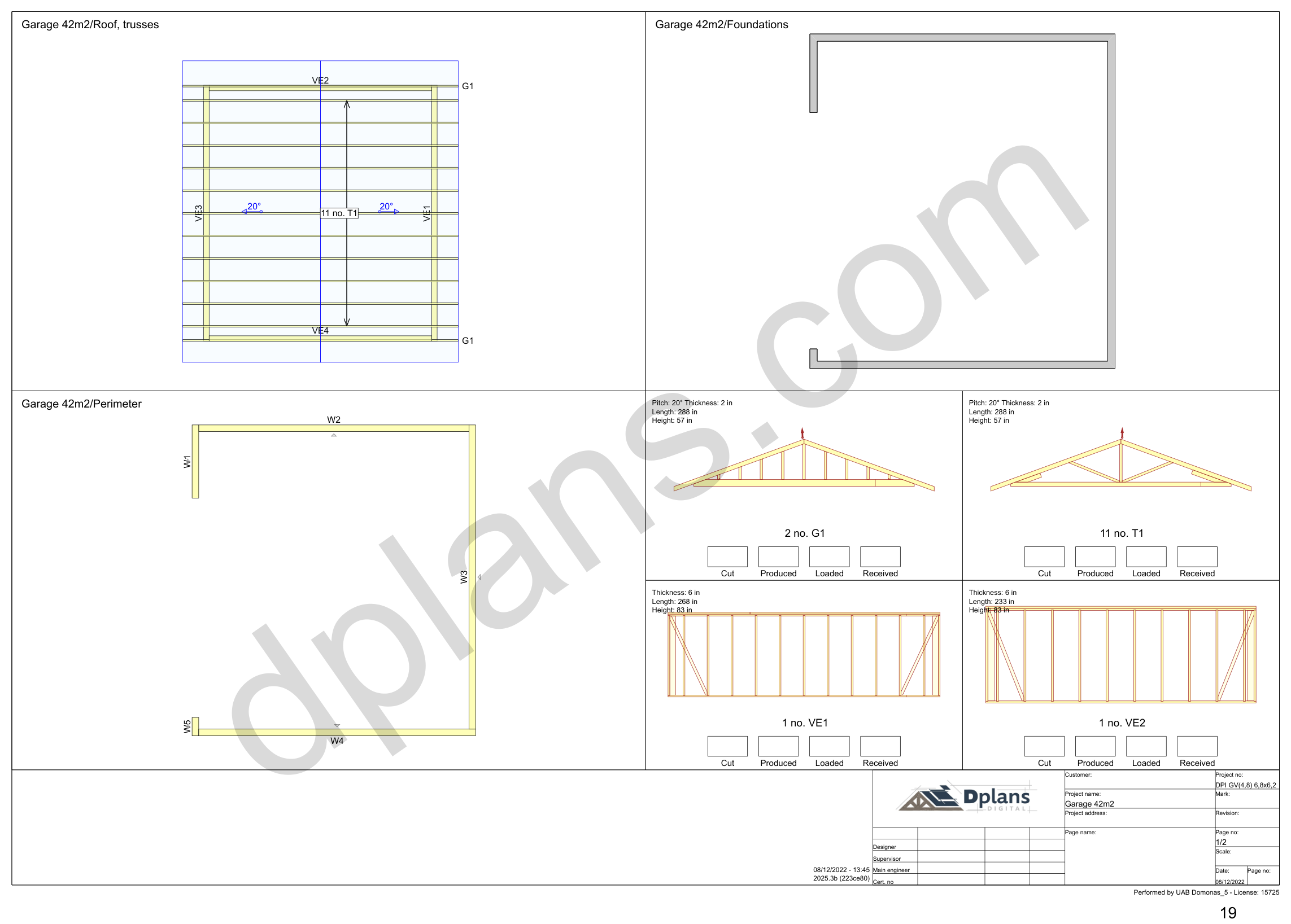 Byggetegning garage 6,8 x 6,2 m, oversigtsark med spærplan, fundament, omkreds og vægelementer (imperial, tommer)