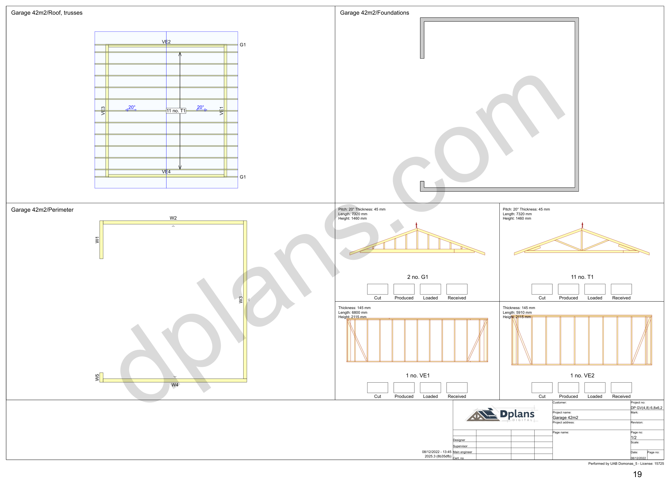 Byggetegning garage 6,8 x 6,2 m, oversigtsark med spærplan, fundament, omkreds og vægelementer (metrisk, mm)