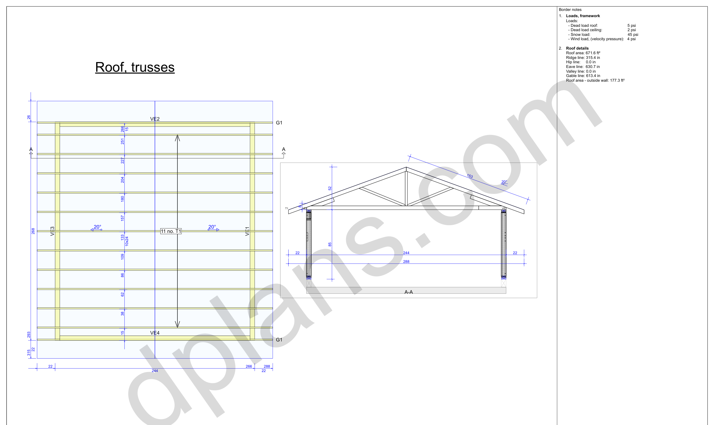 Byggetegning garage 6,8 x 6,2 m, spærplan og tværsnit med væg- og kiphøjder (imperial, tommer)