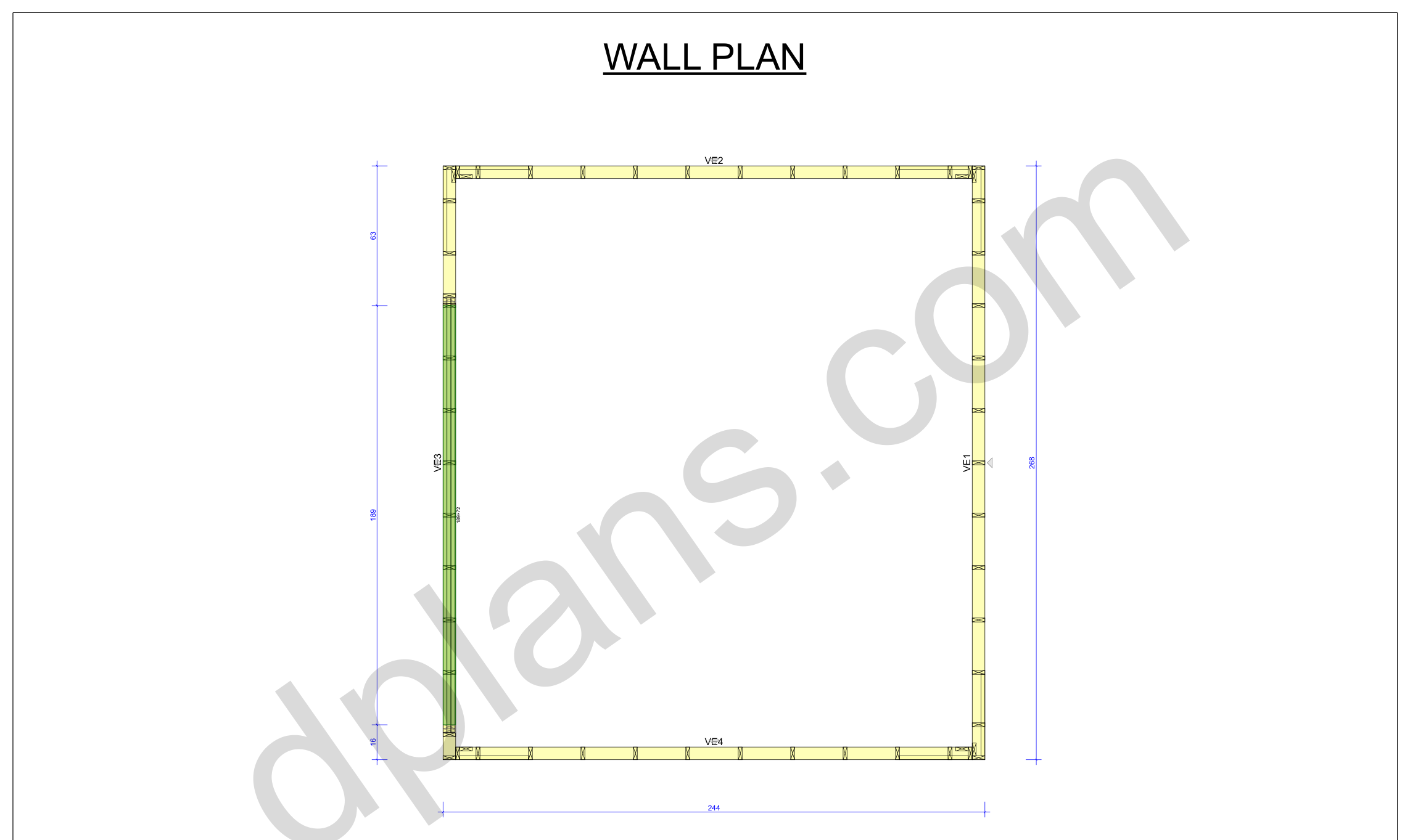 Byggetegning garage 6,8 x 6,2 m, vægplan med de fire vægelementer og portåbningen (imperial, tommer)