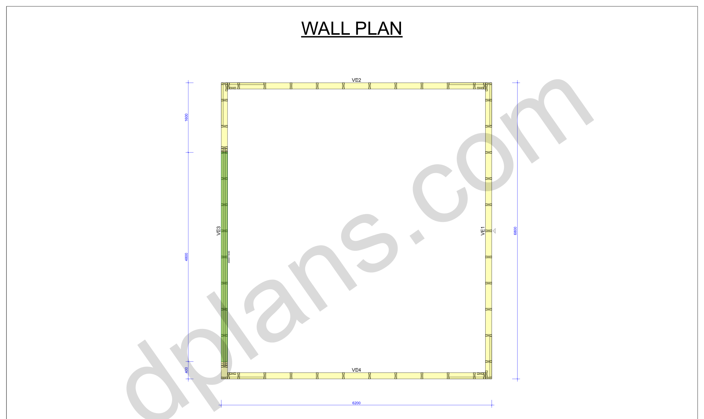 Byggetegning garage 6,8 x 6,2 m, vægplan med de fire vægelementer og portåbningen (metrisk, mm)