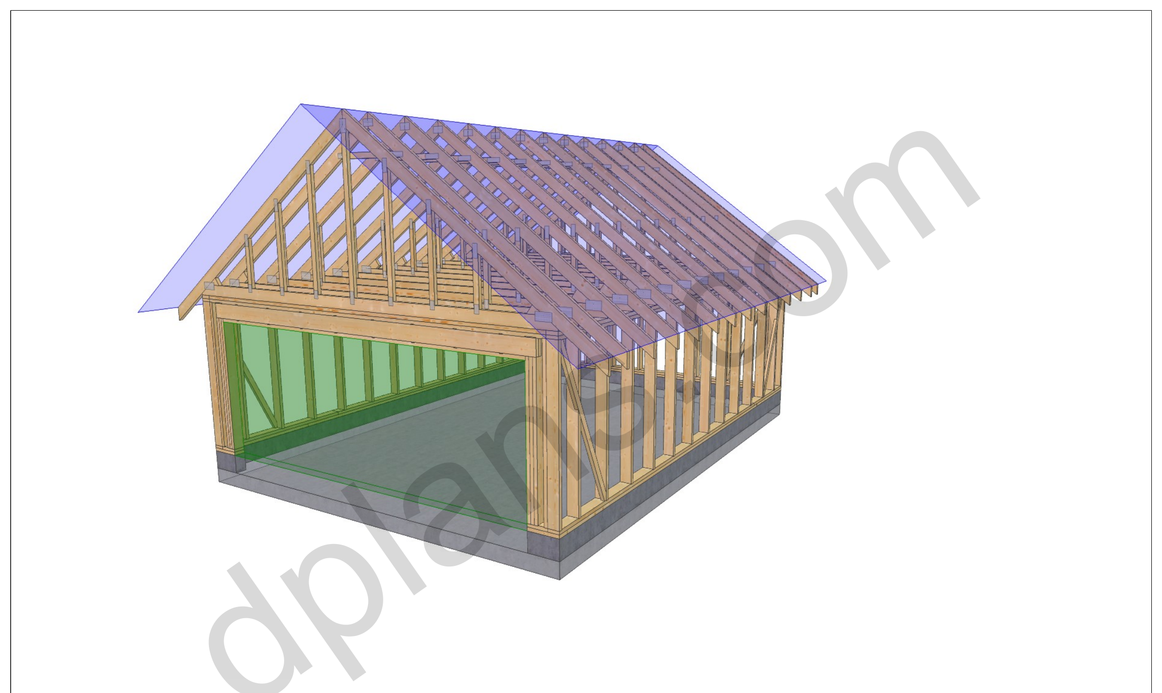 24x18 garage plans, 3D framing view of the stud walls, bracing and roof trusses over the slab