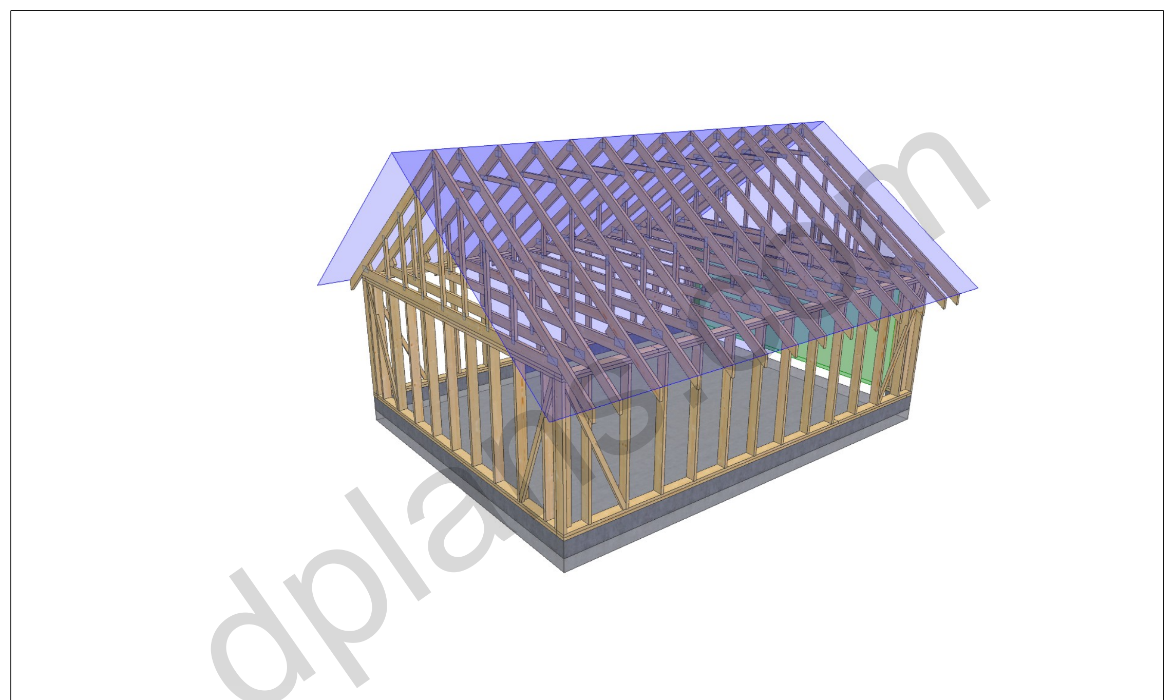 24x18 garage plans, 3D model of the timber frame garage with roof trusses on a concrete slab