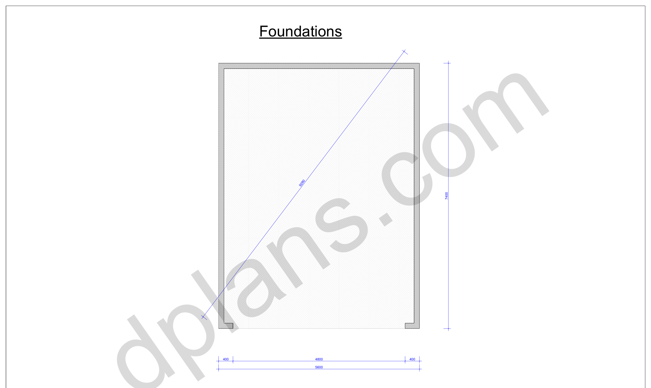 24x18 garage plans, foundation plan with the concrete slab outline and diagonal check (metric, mm)