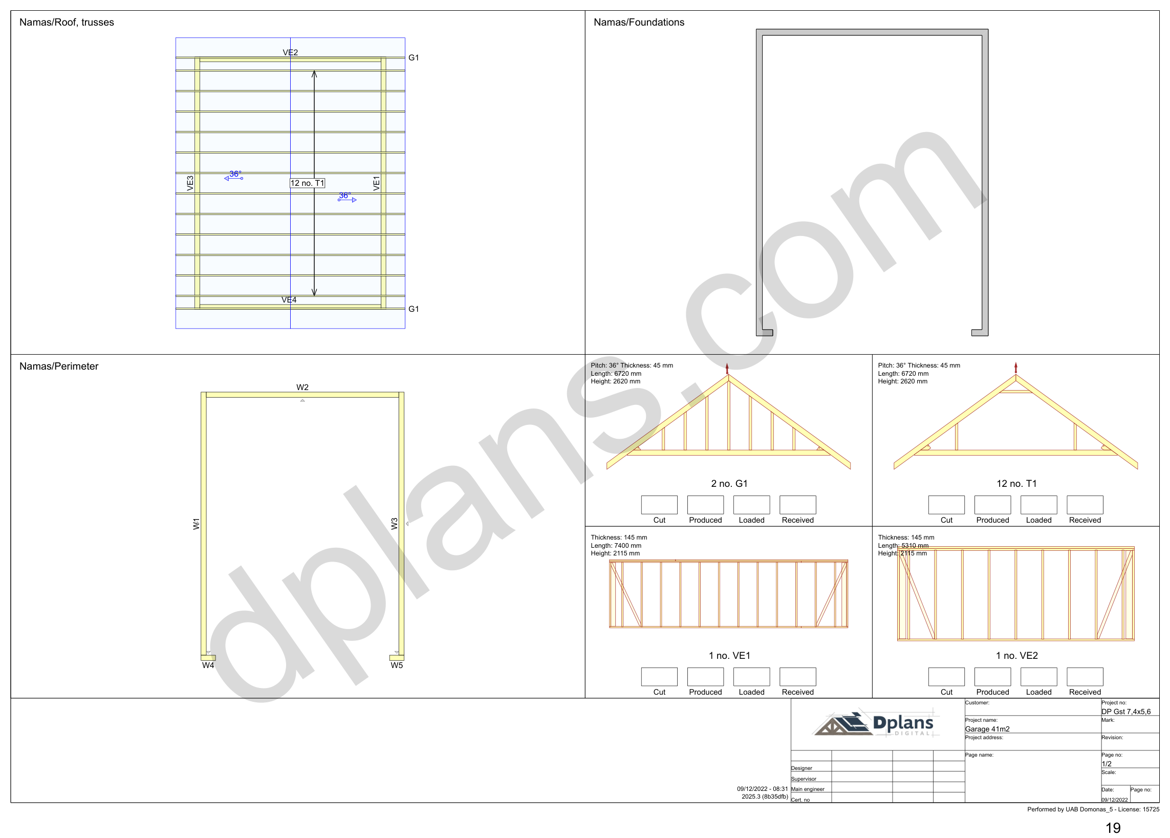 24x18 garage plans, overview sheet with the truss plan, foundation, perimeter and wall panels (metric, mm)