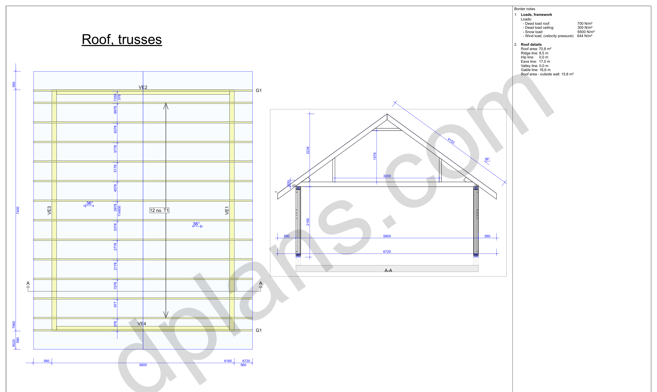 24x18 garage plans, roof truss layout plan and cross section with wall and ridge heights (metric, mm)