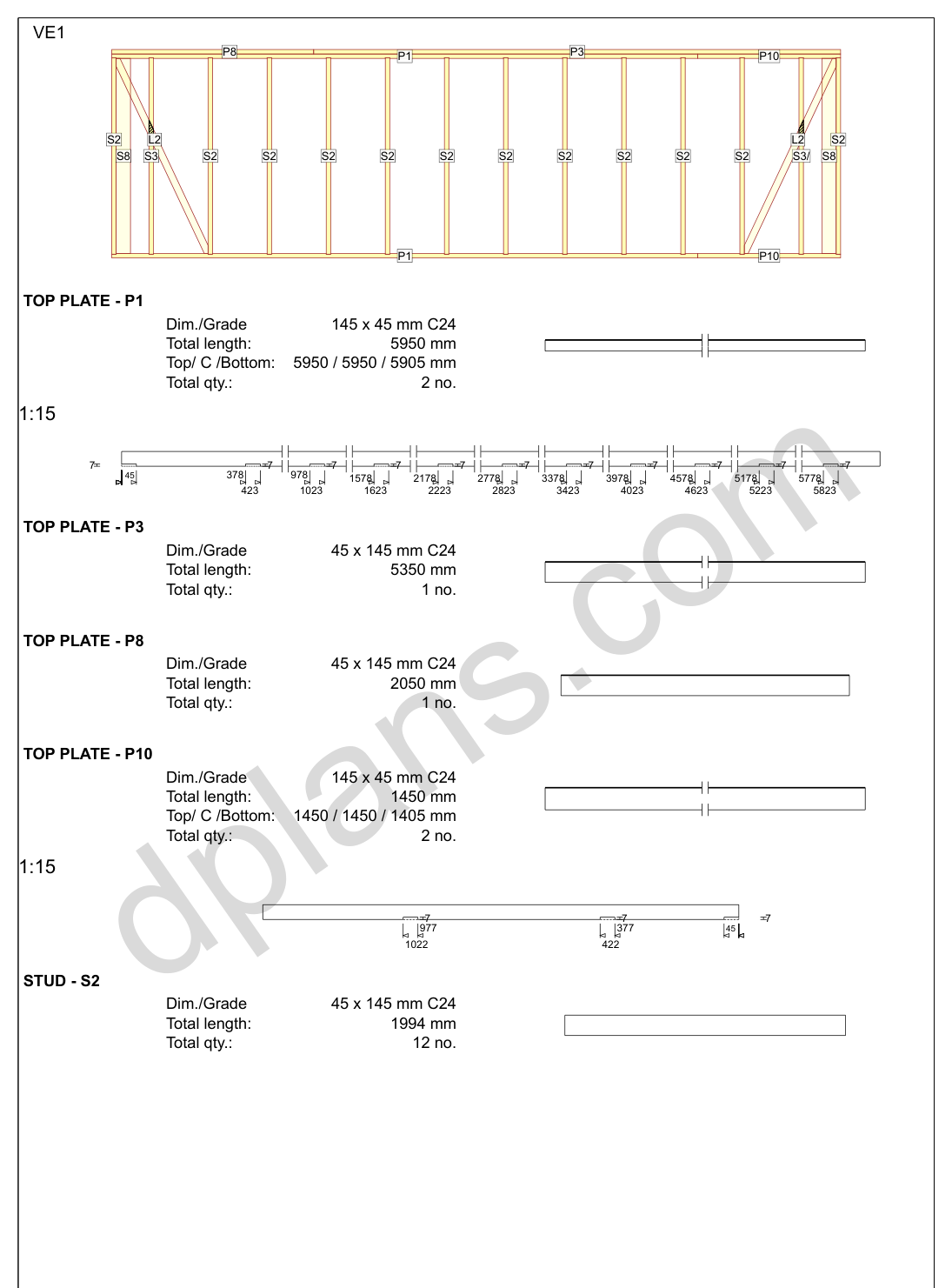 24x18 garage plans, wall panel framing elevation with stud spacing and the cut list (imperial, inches)