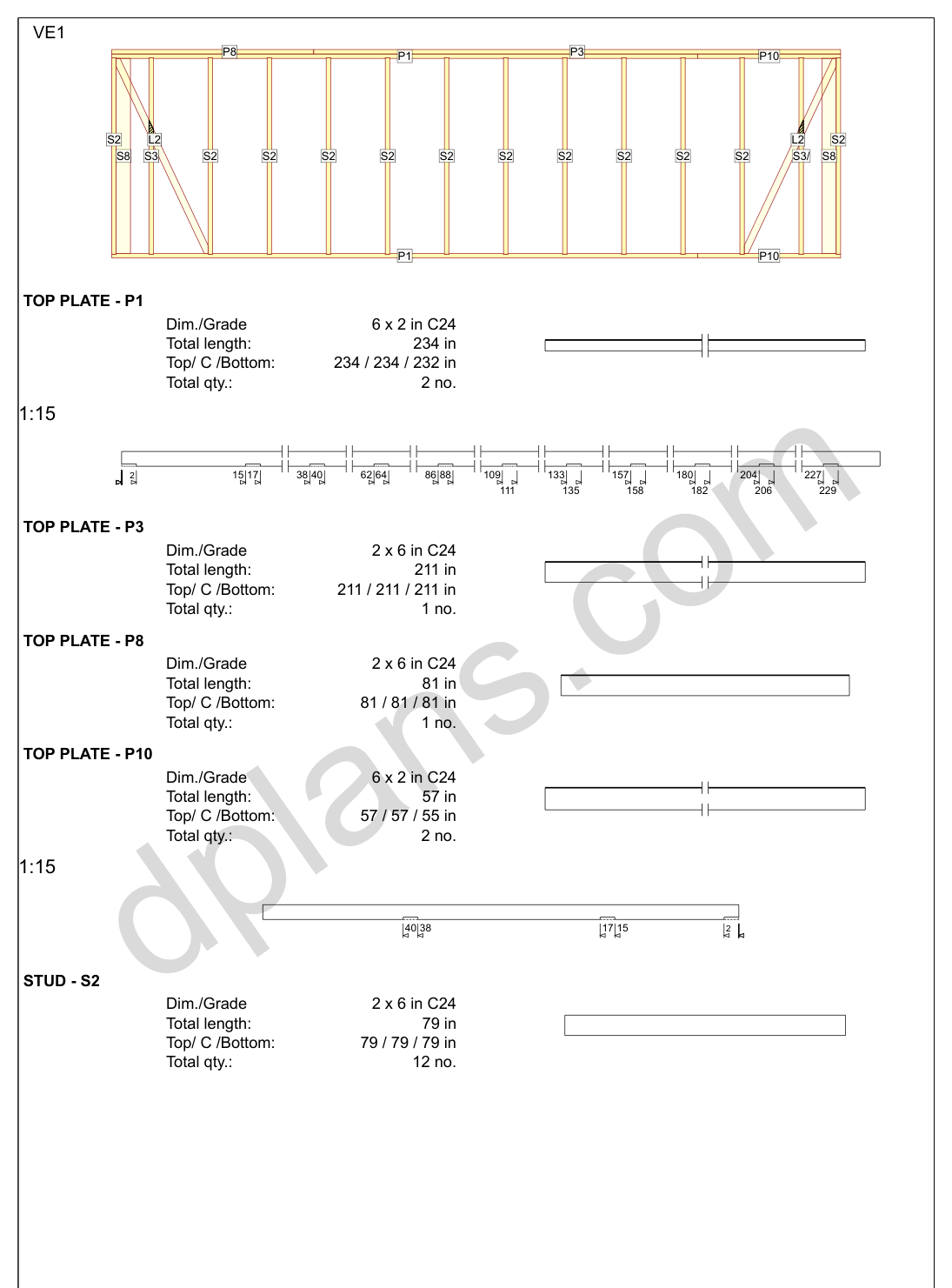 24x18 garage plans, wall panel framing elevation with stud spacing and the cut list (metric, mm)