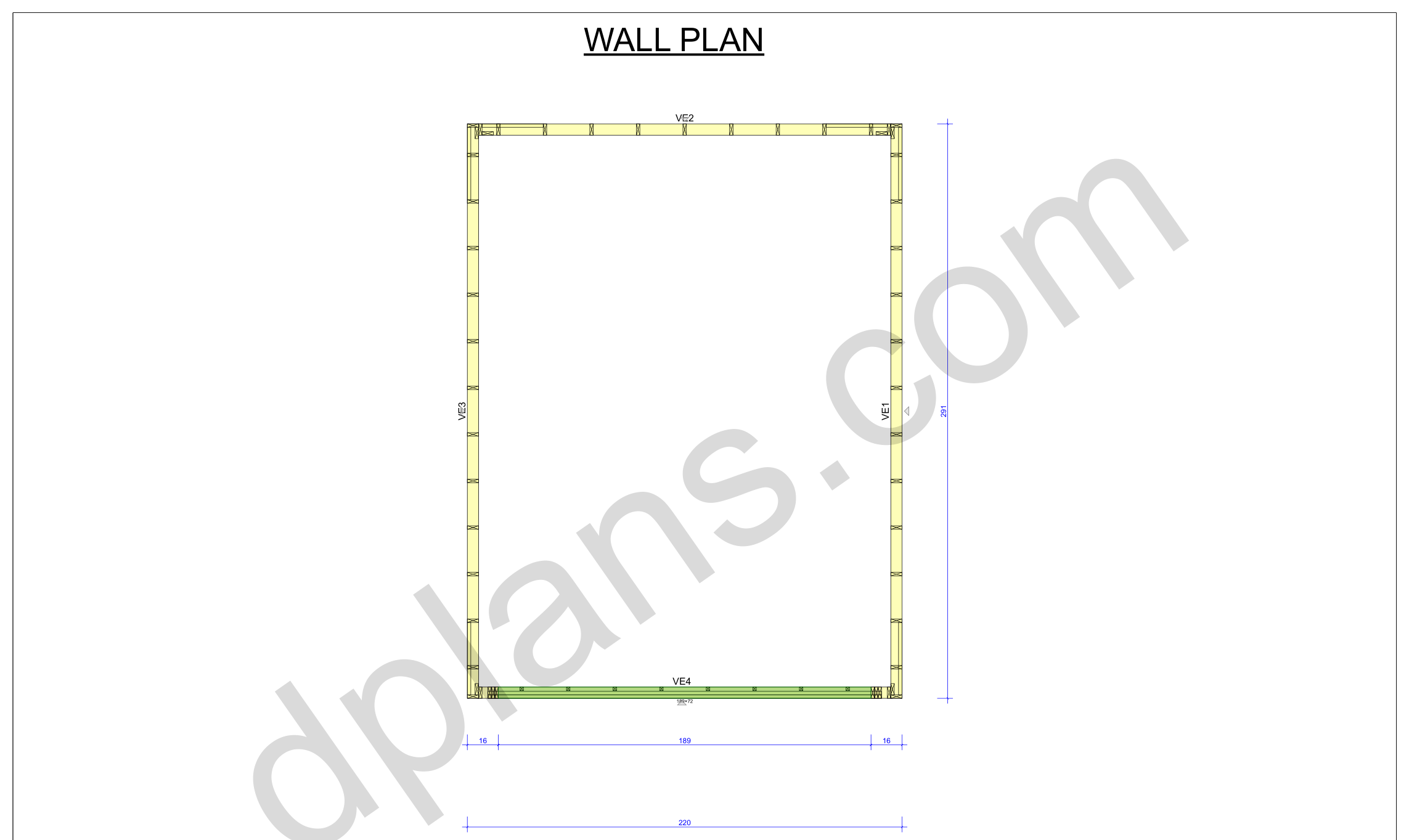 24x18 garage plans, wall layout plan with the four wall panels and the door opening (imperial, inches)