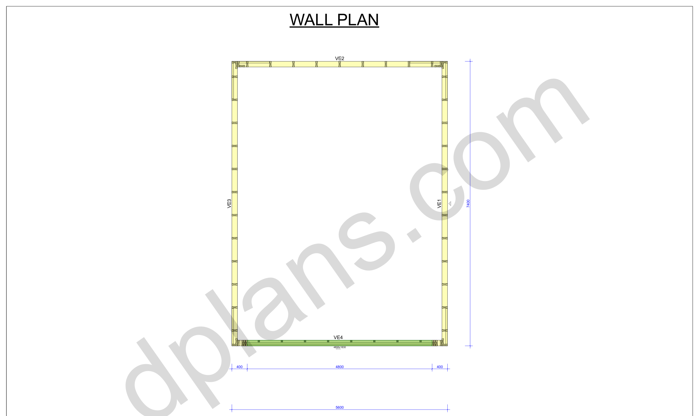 24x18 garage plans, wall layout plan with the four wall panels and the door opening (metric, mm)