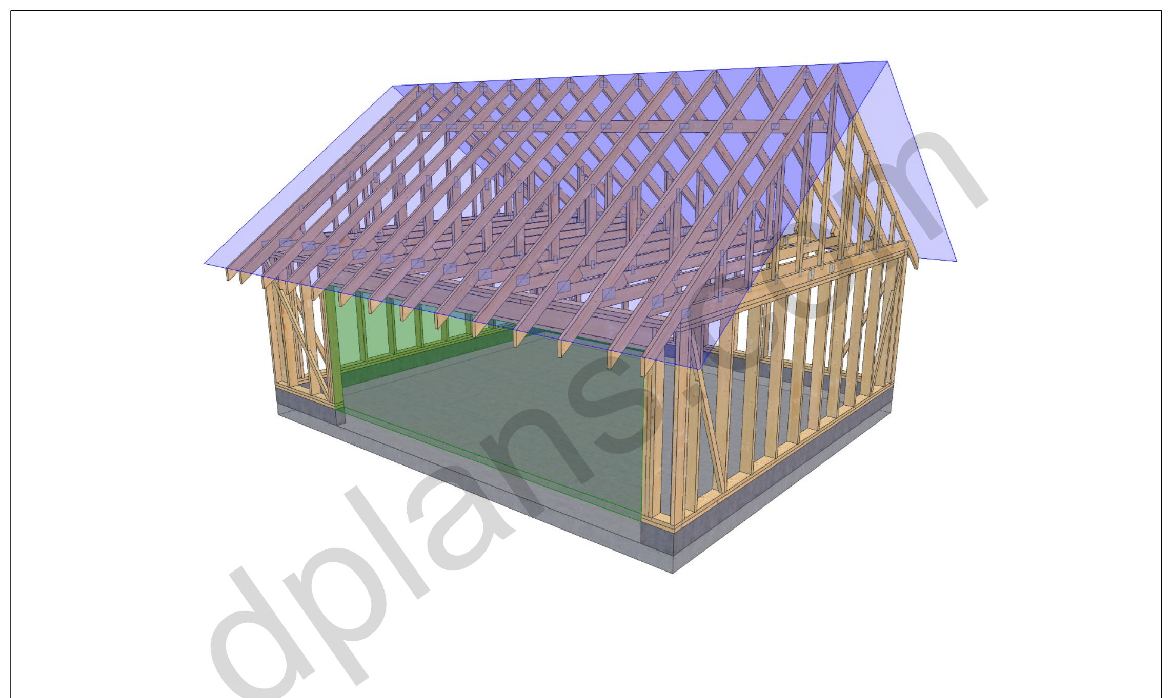 24x20 garage plans, 3D framing view of the stud walls, bracing and roof trusses over the slab