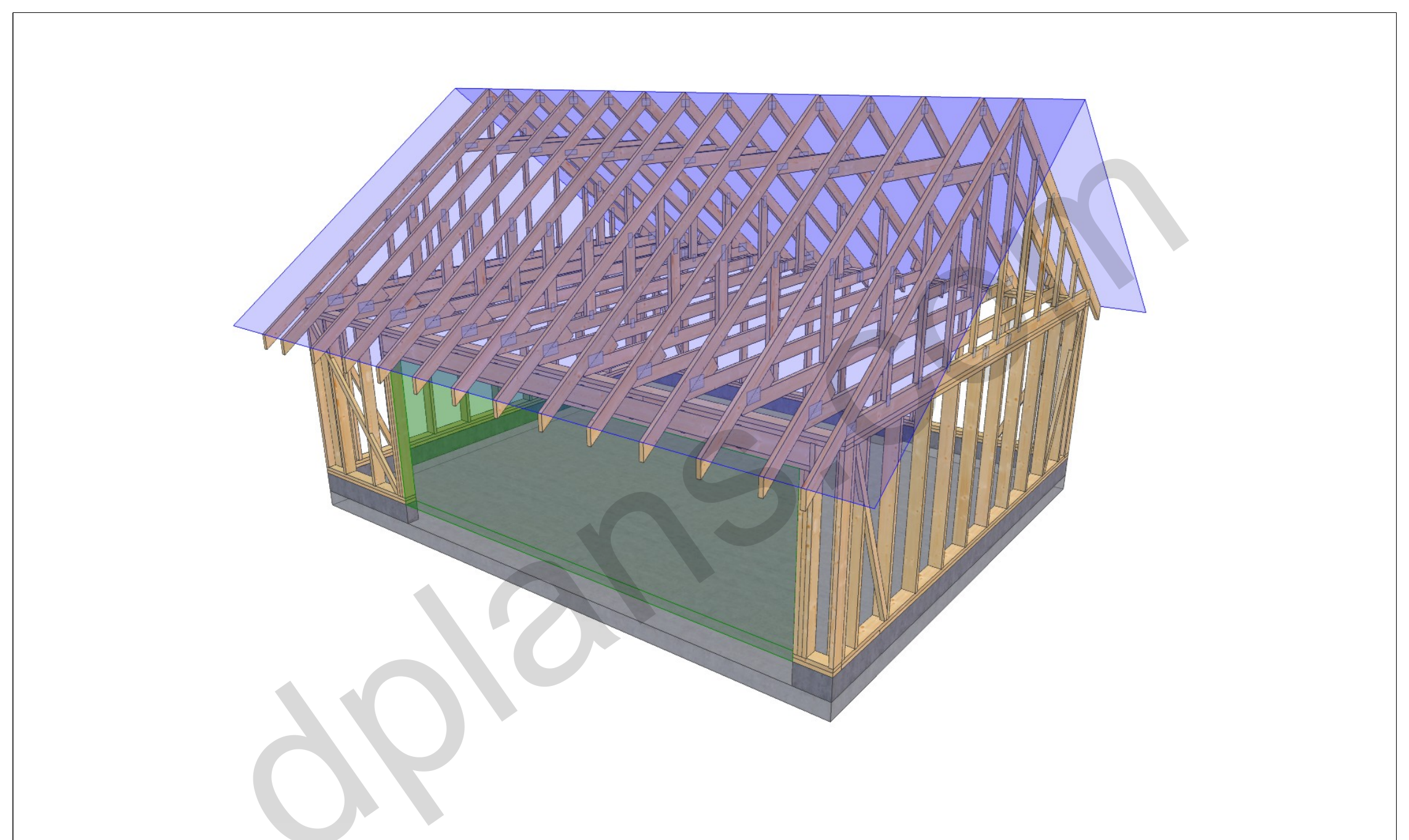 24x20 garage plans, 3D model of the timber frame garage with roof trusses on a concrete slab