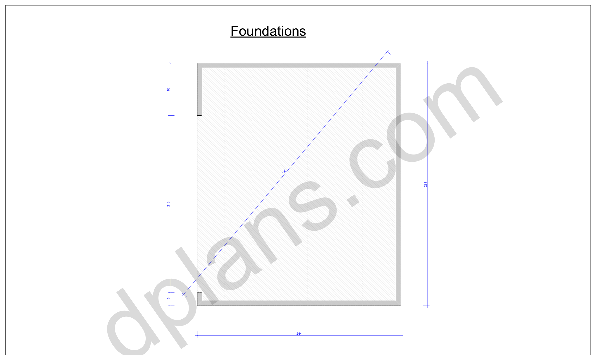 Garagen-Bauplan 7,4 x 6,2 m, Fundamentplan mit Umriss der Betonbodenplatte und Diagonalkontrolle (imperial, Zoll)