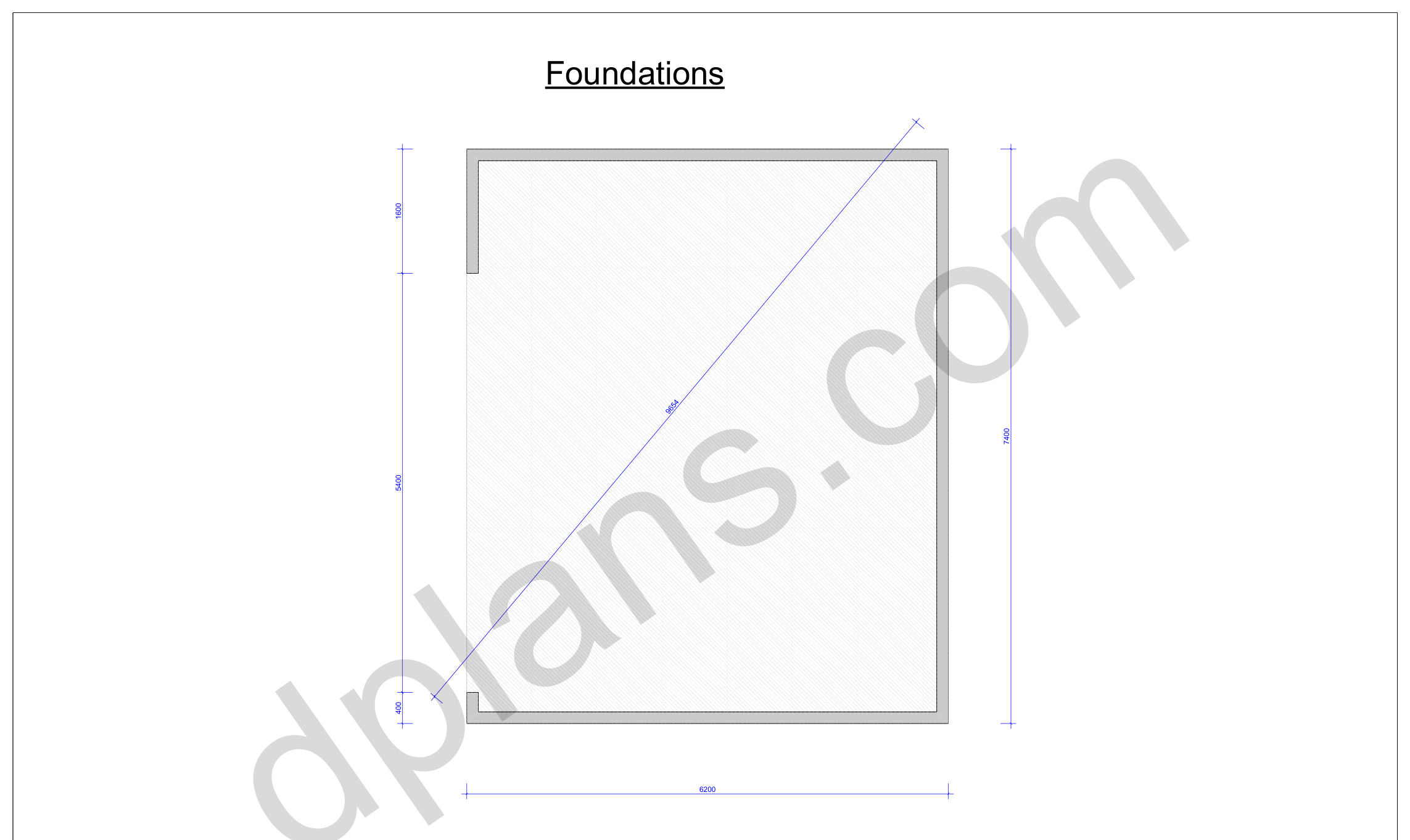 Garagen-Bauplan 7,4 x 6,2 m, Fundamentplan mit Umriss der Betonbodenplatte und Diagonalkontrolle (metrisch, mm)