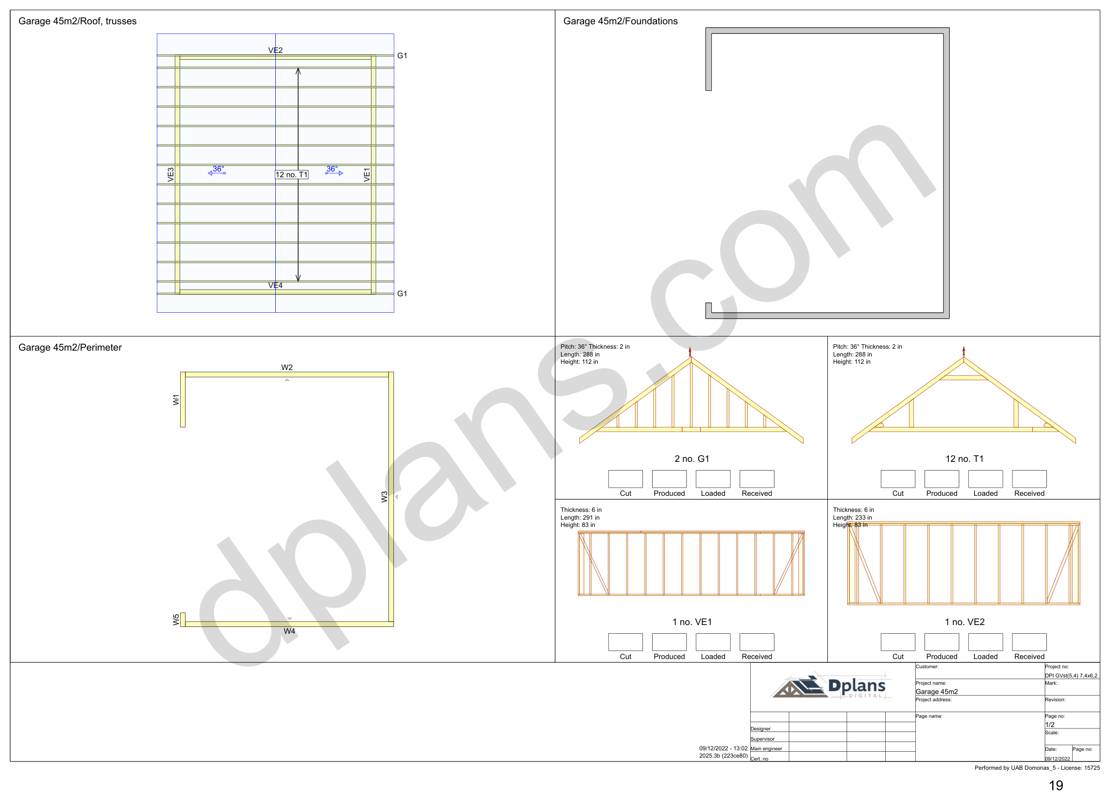 Garagen-Bauplan 7,4 x 6,2 m, Übersichtsblatt mit Binderplan, Fundament, Umriss und Wandelementen (imperial, Zoll)