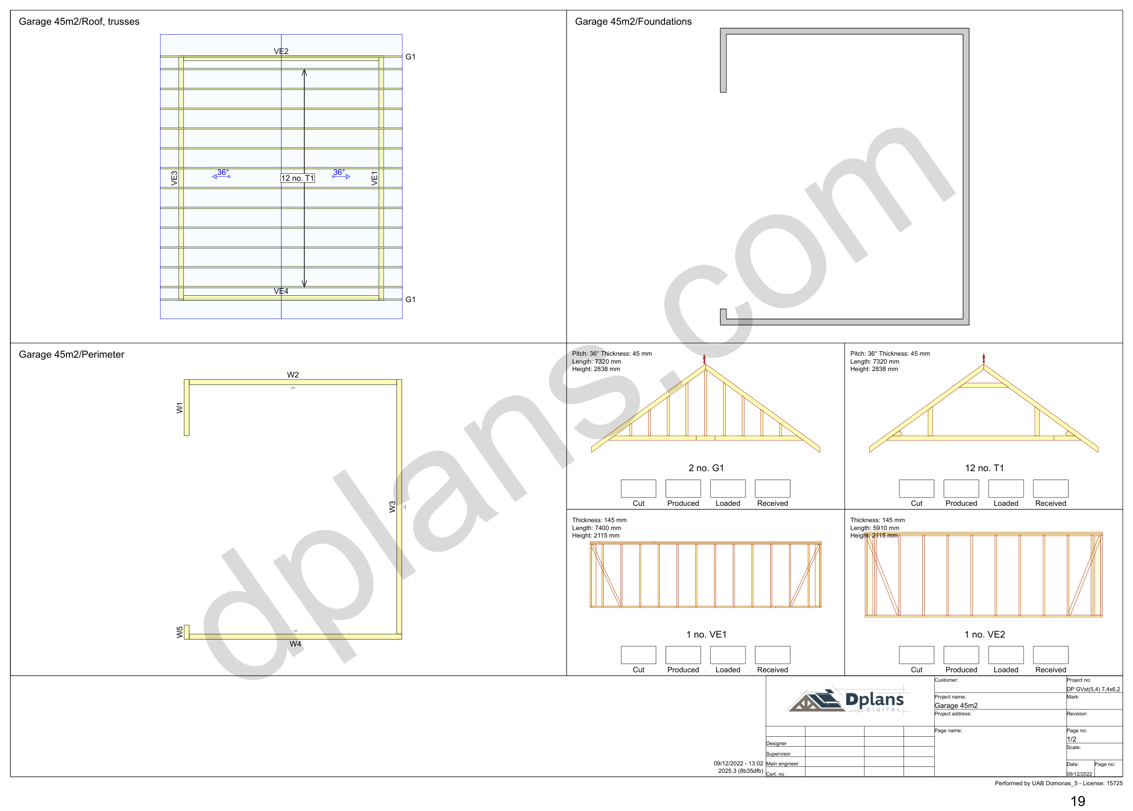 Garagen-Bauplan 7,4 x 6,2 m, Übersichtsblatt mit Binderplan, Fundament, Umriss und Wandelementen (metrisch, mm)