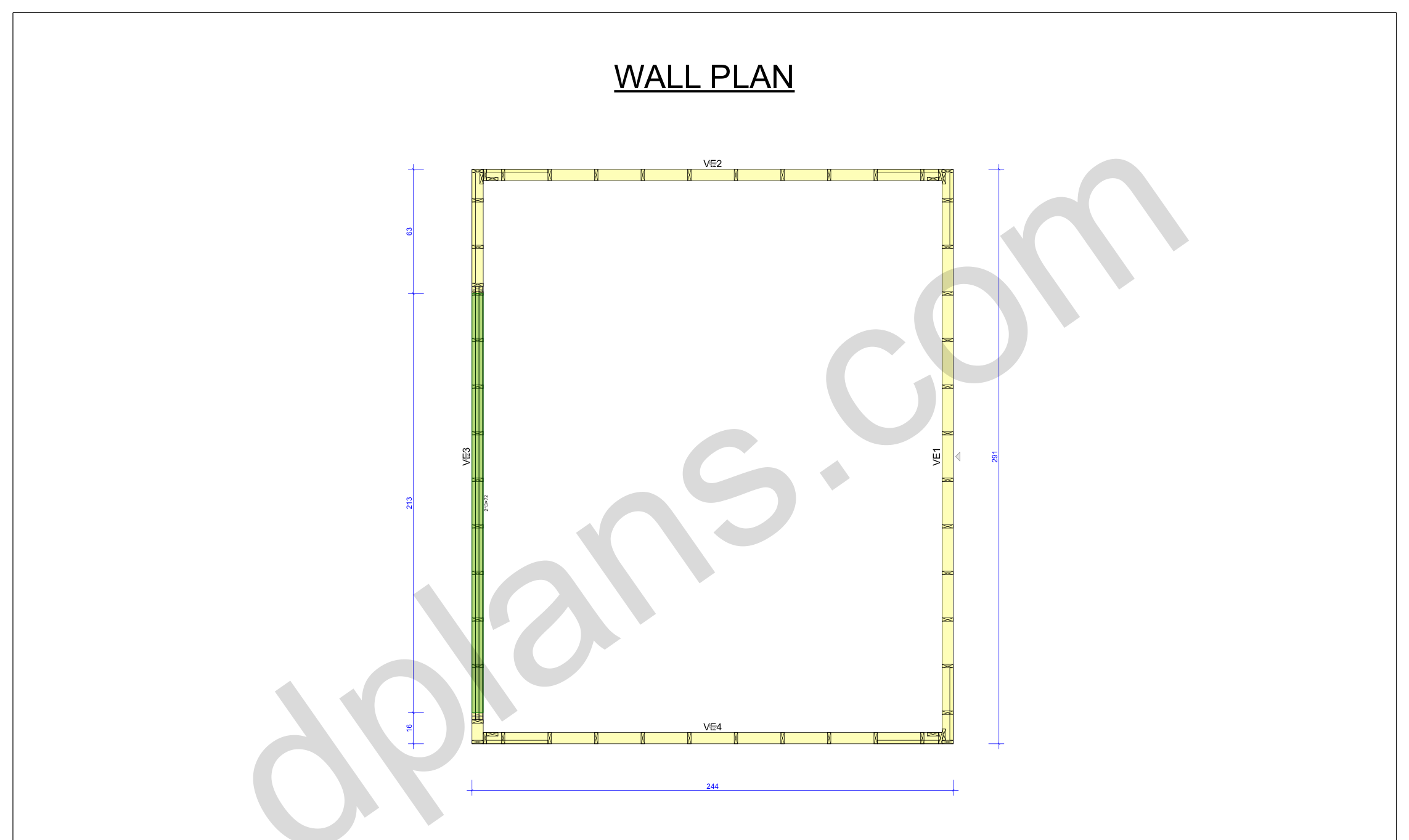 Garagen-Bauplan 7,4 x 6,2 m, Wandplan mit den vier Wandelementen und der Toröffnung (imperial, Zoll)