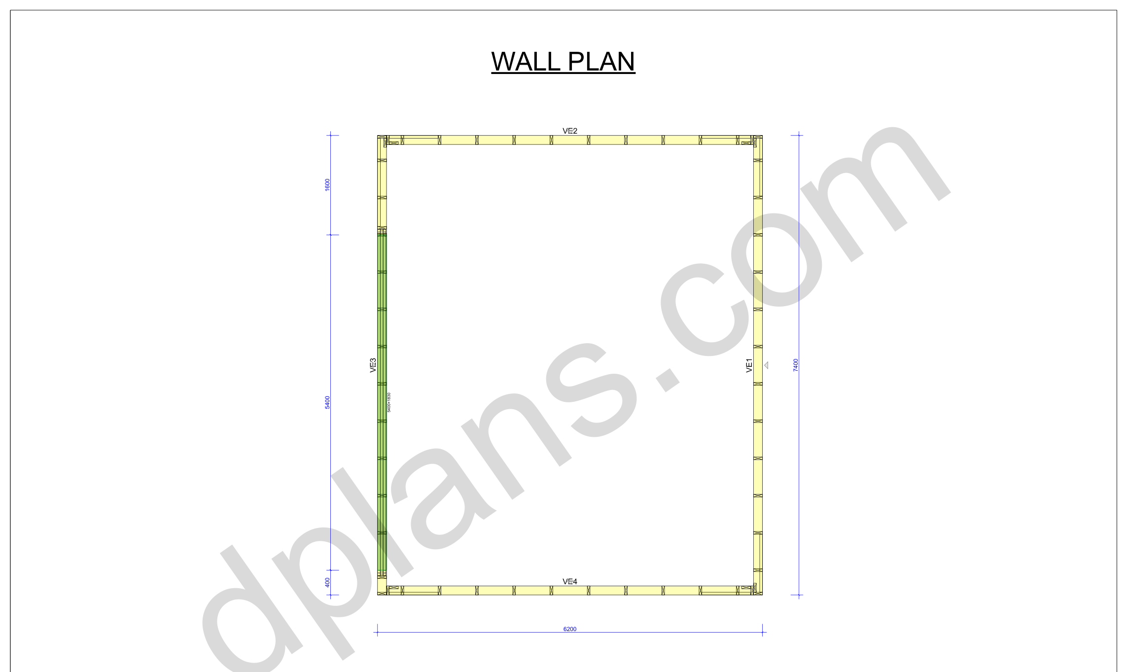 Garagen-Bauplan 7,4 x 6,2 m, Wandplan mit den vier Wandelementen und der Toröffnung (metrisch, mm)